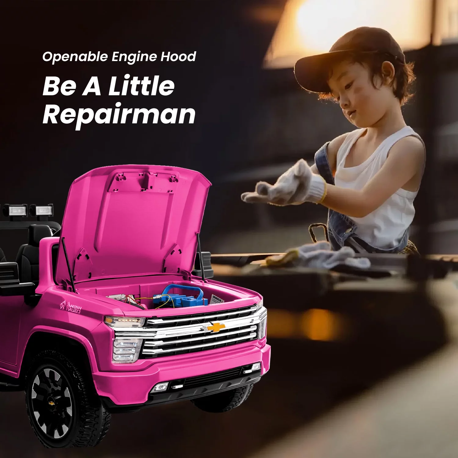 Track 7 24V Ride on Car, Licensed Silverado HD 2 Seater Electric Car for Boys Girls Age 3+, 24V Ride on Truck w/Remote Control, Music, ABC, Pink - Womvr