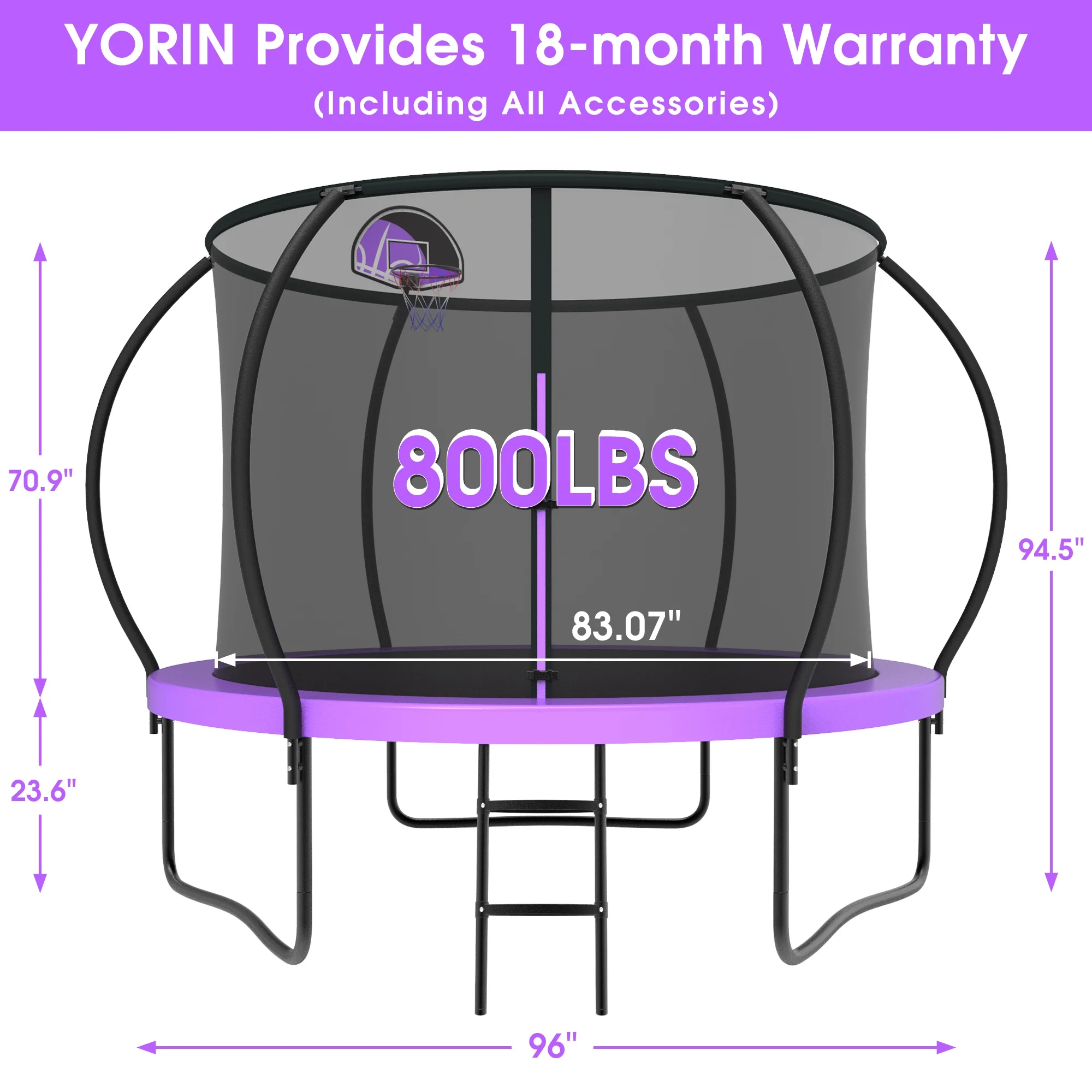 YORIN Trampoline for 2-3 Kids, 8FT 10FT Trampoline for Adults with Enclosure Net, Basketball Hoop, Ladder, 800LBS Outdoor Recreational Trampoline with Light, Sprinkler, Socks, Heavy Duty Trampoline - Womvr