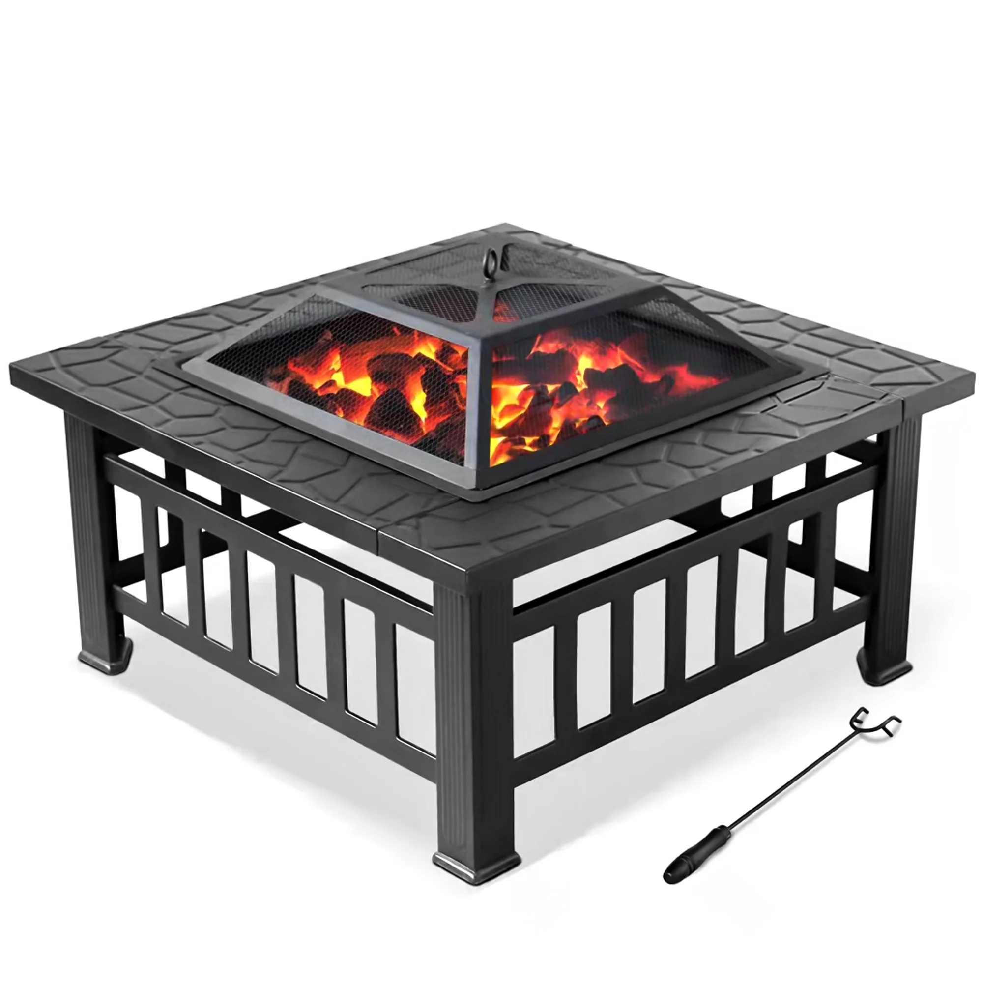 Multifunctional Fire Pit Table, Metal Fire Pit for Outside Stone Pattern, Wood Burning Outdoor Fireplace with Screen Lid/Poker for Backyard Patio Garden, 32