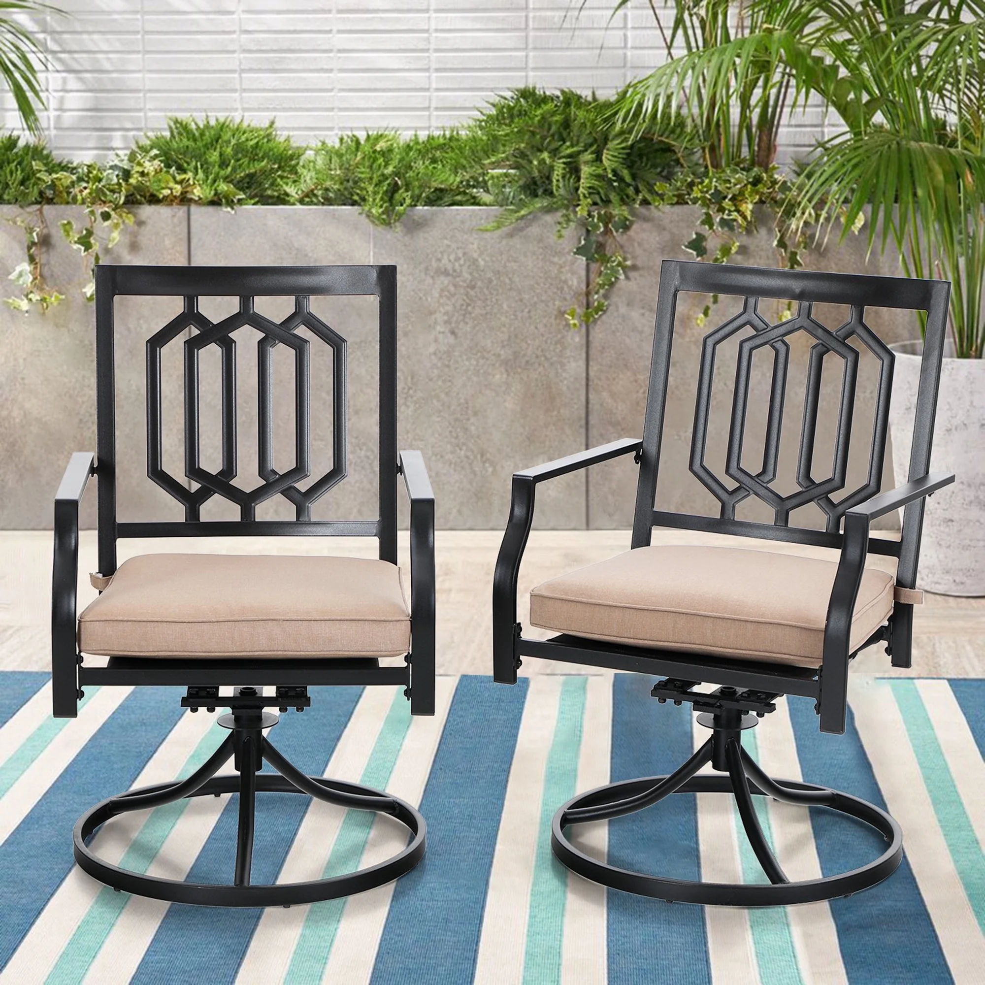 MF Studio 5-Piece Outdoor Patio Dining Set, Swivel Cushioned Chairs with Steel Frame for 4-Person, Black&Beige - Womvr