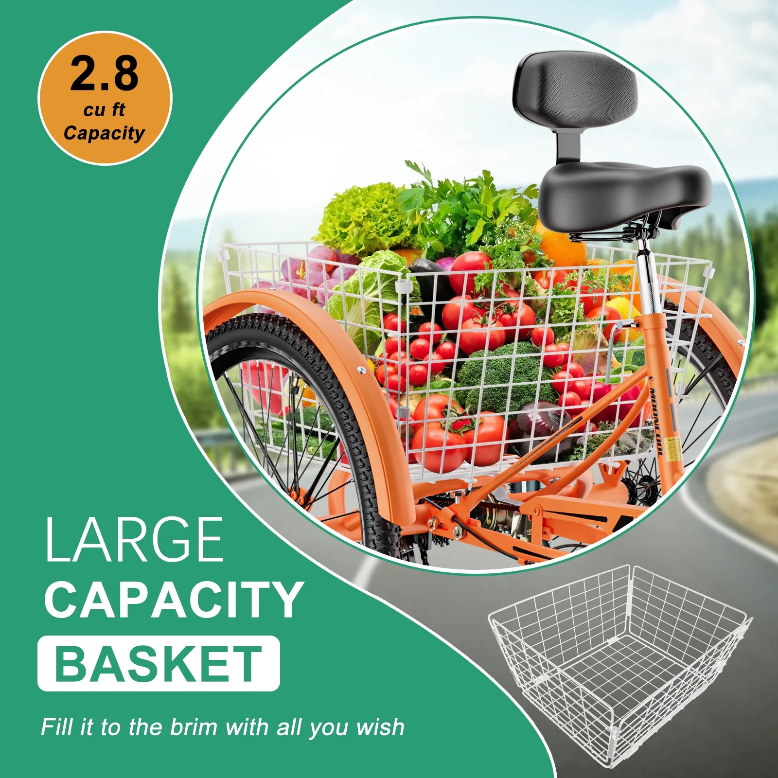 MOPHOTO Adult Tricycle for Seniors (Cyan, 26inch /7-Speed), Low Frame Three Wheel Bikes with Large Basket & Bell, 3 Wheel Cargo Bicycle, Safe and Durable Trike - Womvr