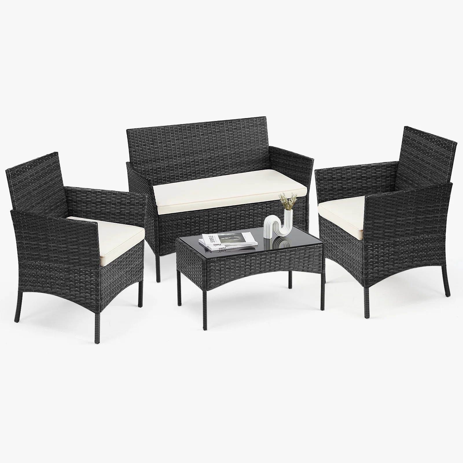 Yangming Outdoor Patio Furniture Set with Sectional Sofa, Table, Chairs and Thick Cushions - Perfect for Lawn, Garden, Backyard or Pool Area, Black - Womvr