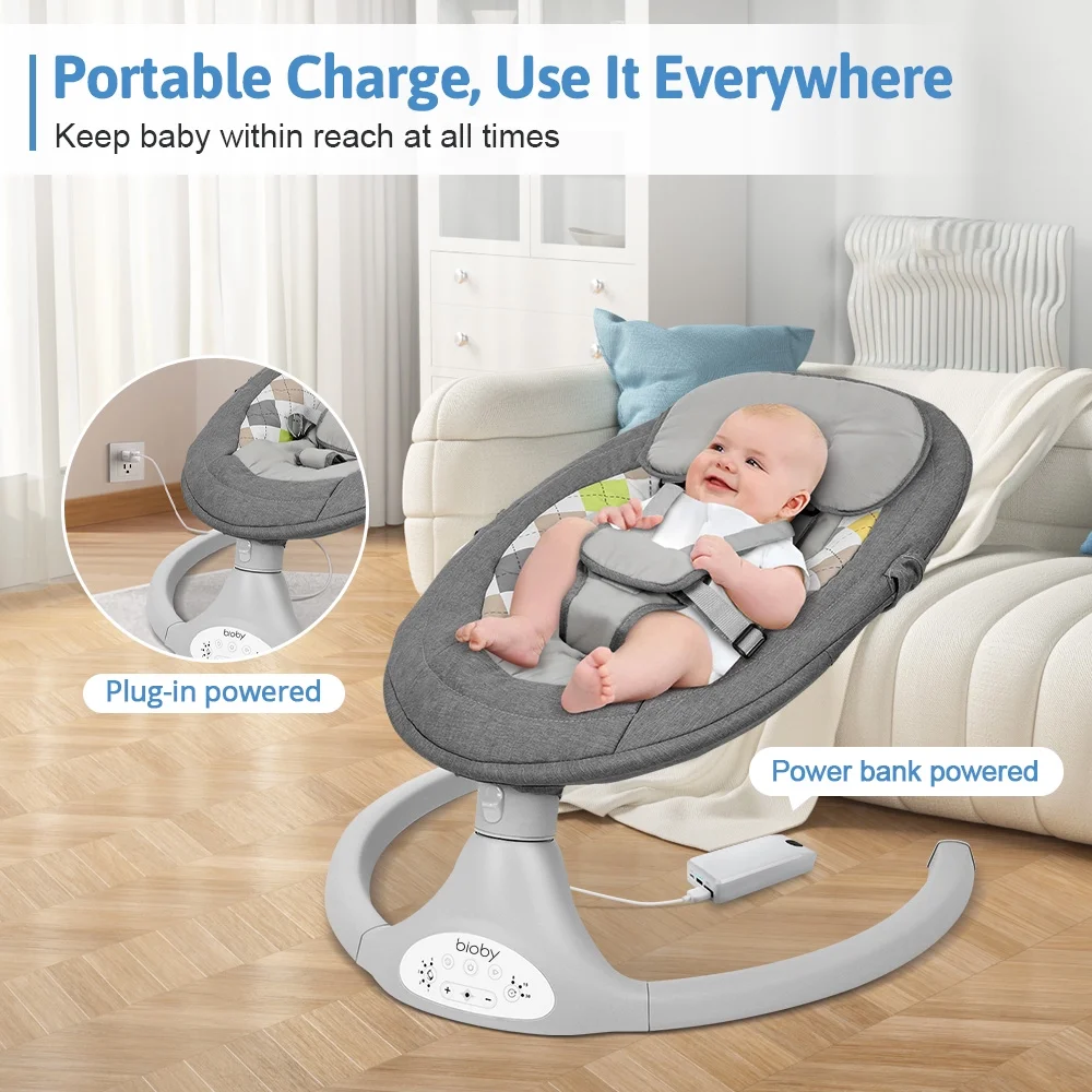 Electric Baby Swing, Bioby Infant Swing Chair Rocker with Remote Control, 5 Swing Speeds, Seat Belt, Bluetooth Music, Grey - Womvr