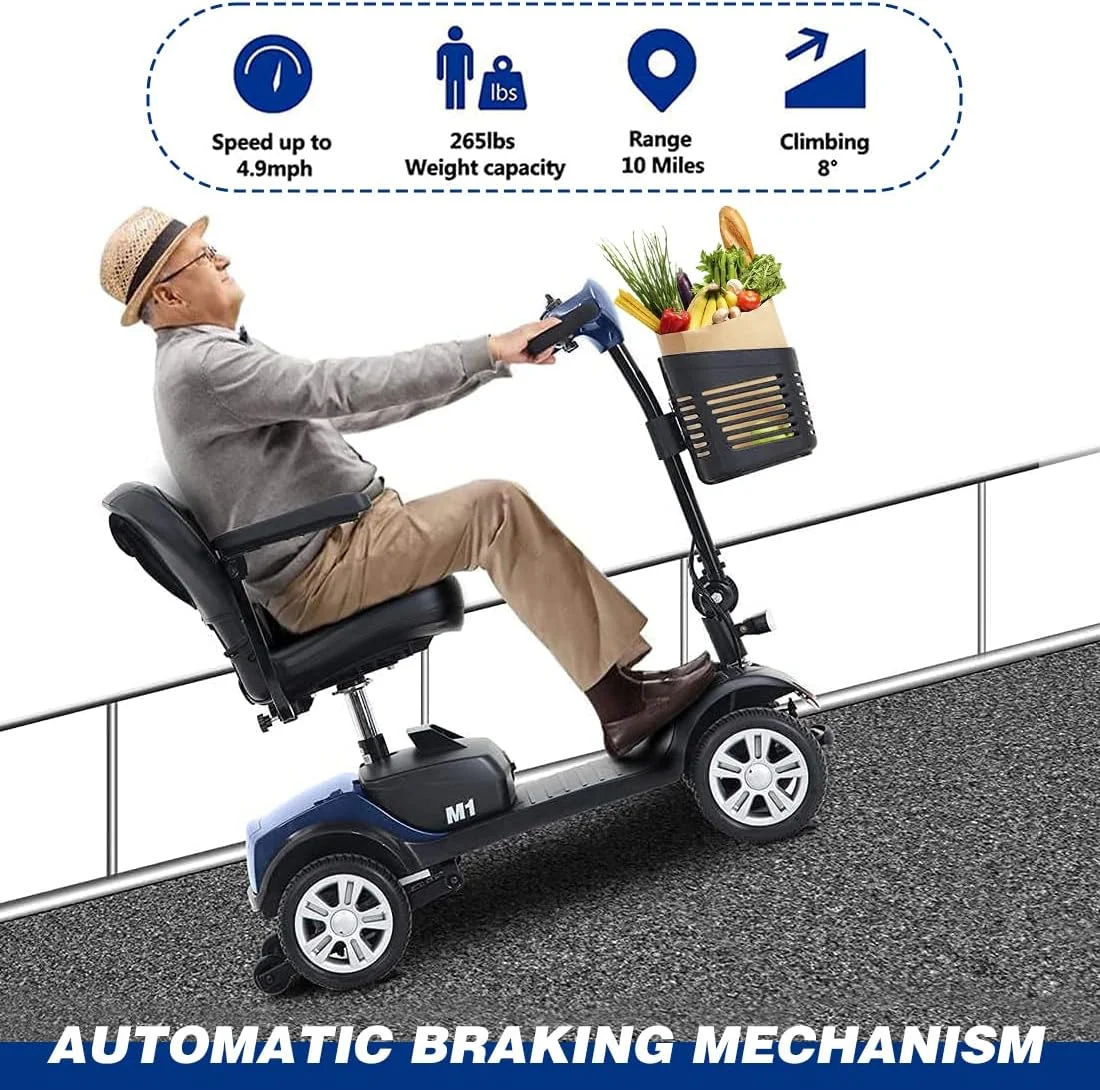 Outdoor Compact Mobility Scooter with Front & Back Light, Foldable Electric Powered Mobile Wheelchair for Seniors, Adults, Collapsible & Compact 4 Wheel Mobility Scooter for Travel with Family, Blue - Womvr
