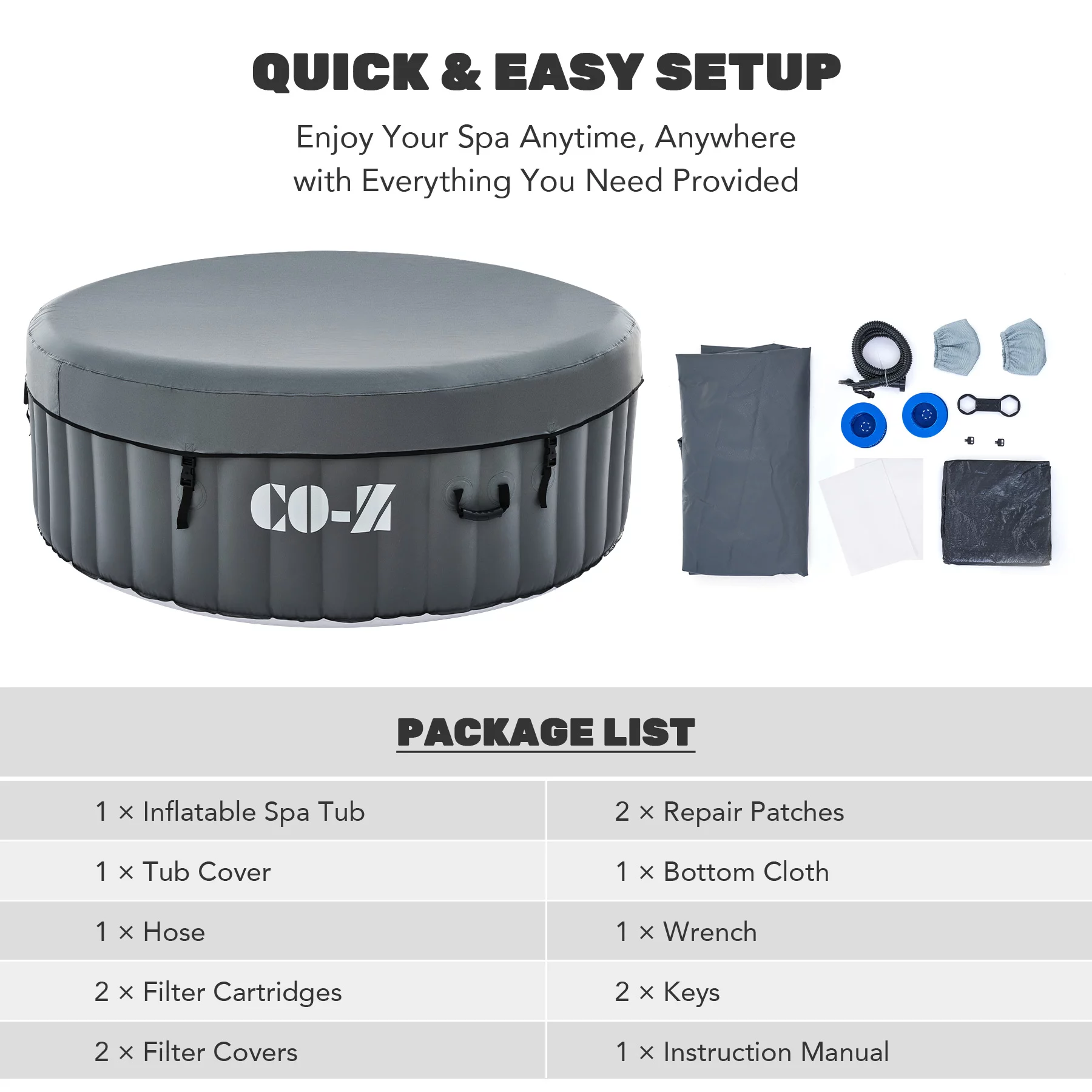 CO-Z 4 Person 6ft Inflatable Hot Tub Pool with Massage Jets and All Accessories Gray - Womvr