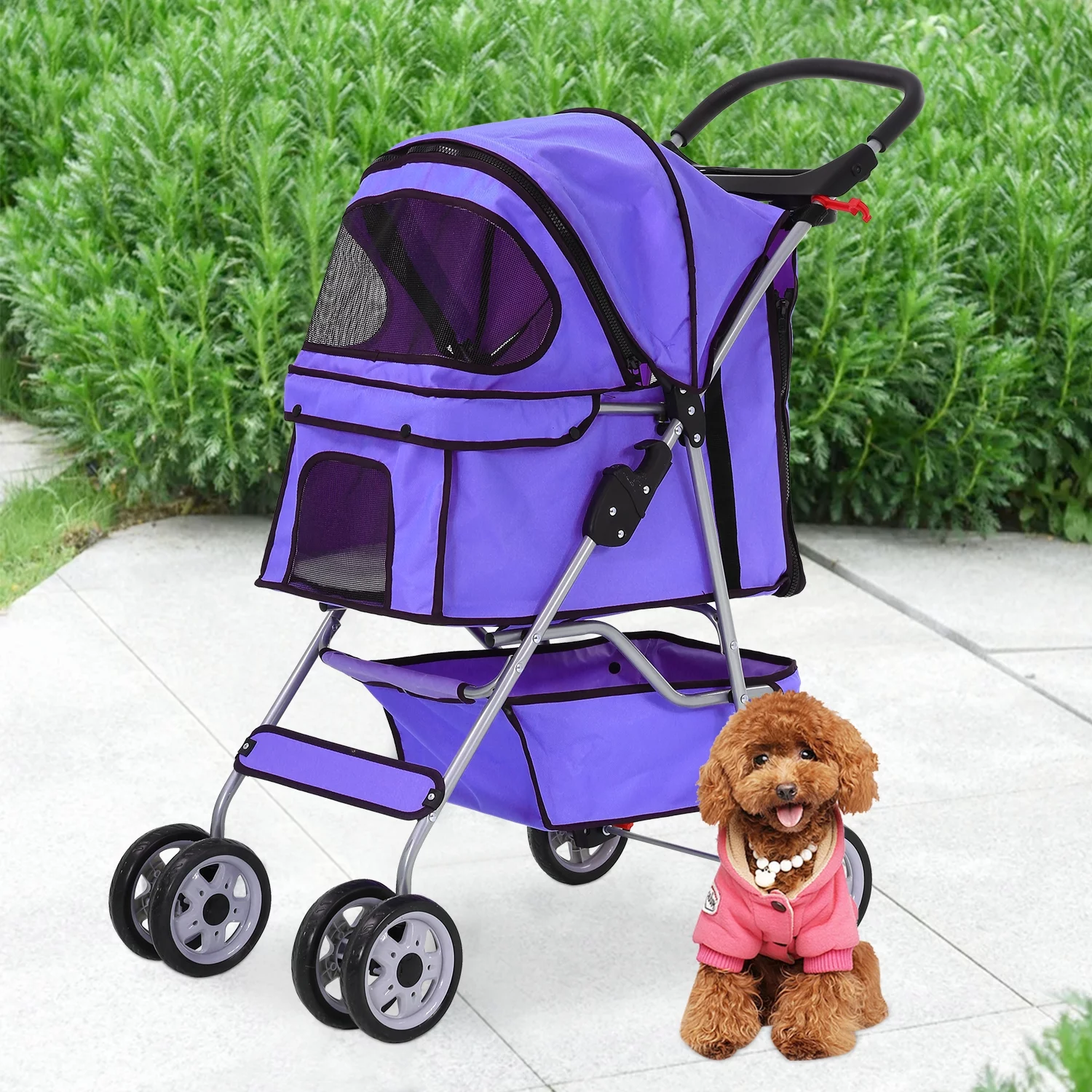 4 Wheels Pet Stroller Foldable Dog Stroller Cat Stroller with Storage Basket & Removable Liner, Travel Lite Foldable Carrier Strolling Cart for Dogs Cats, Black - Womvr