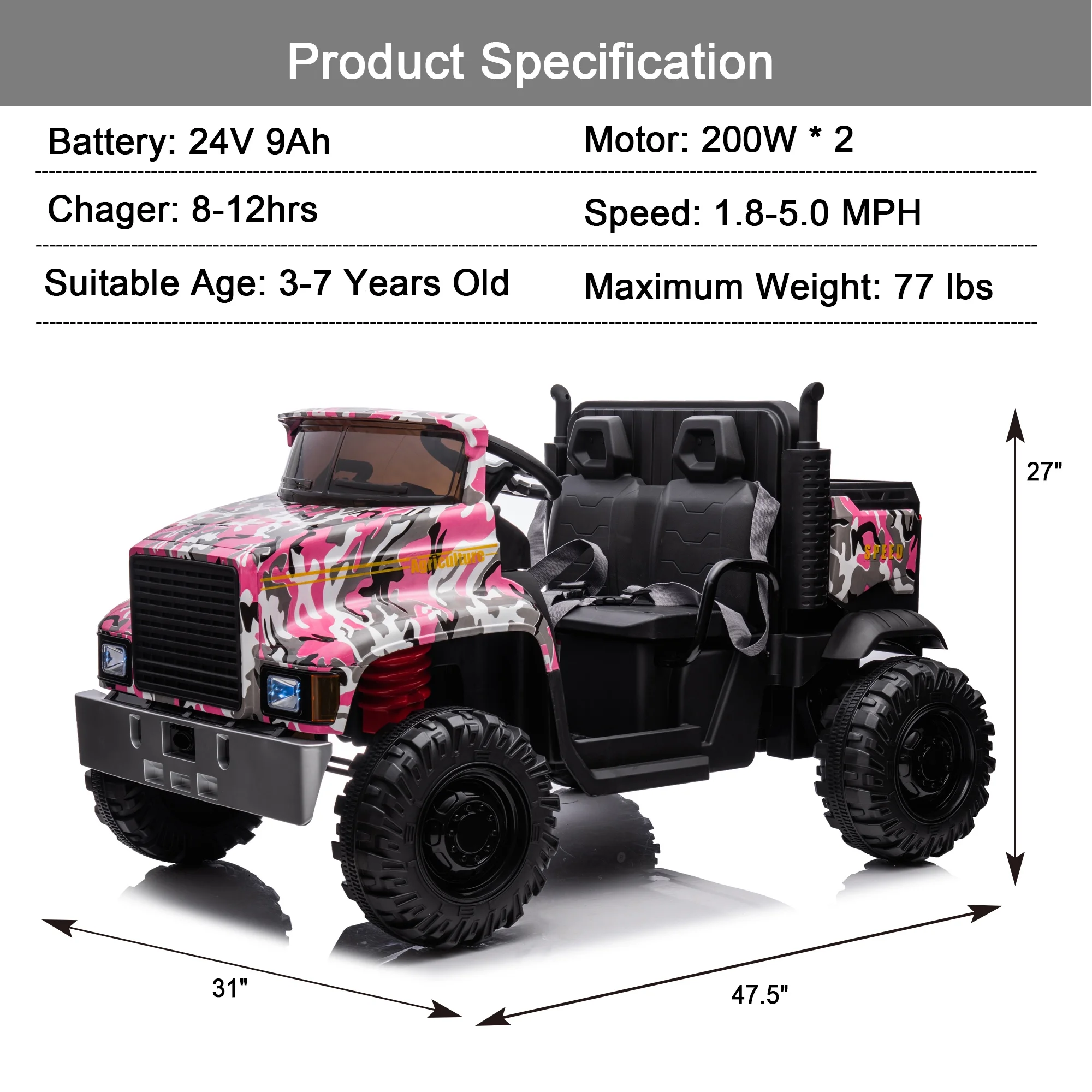Hikiddo JC222 24V Ride on Toy, Kids Ride On Dump Truck 2 Seater with Remote - Womvr