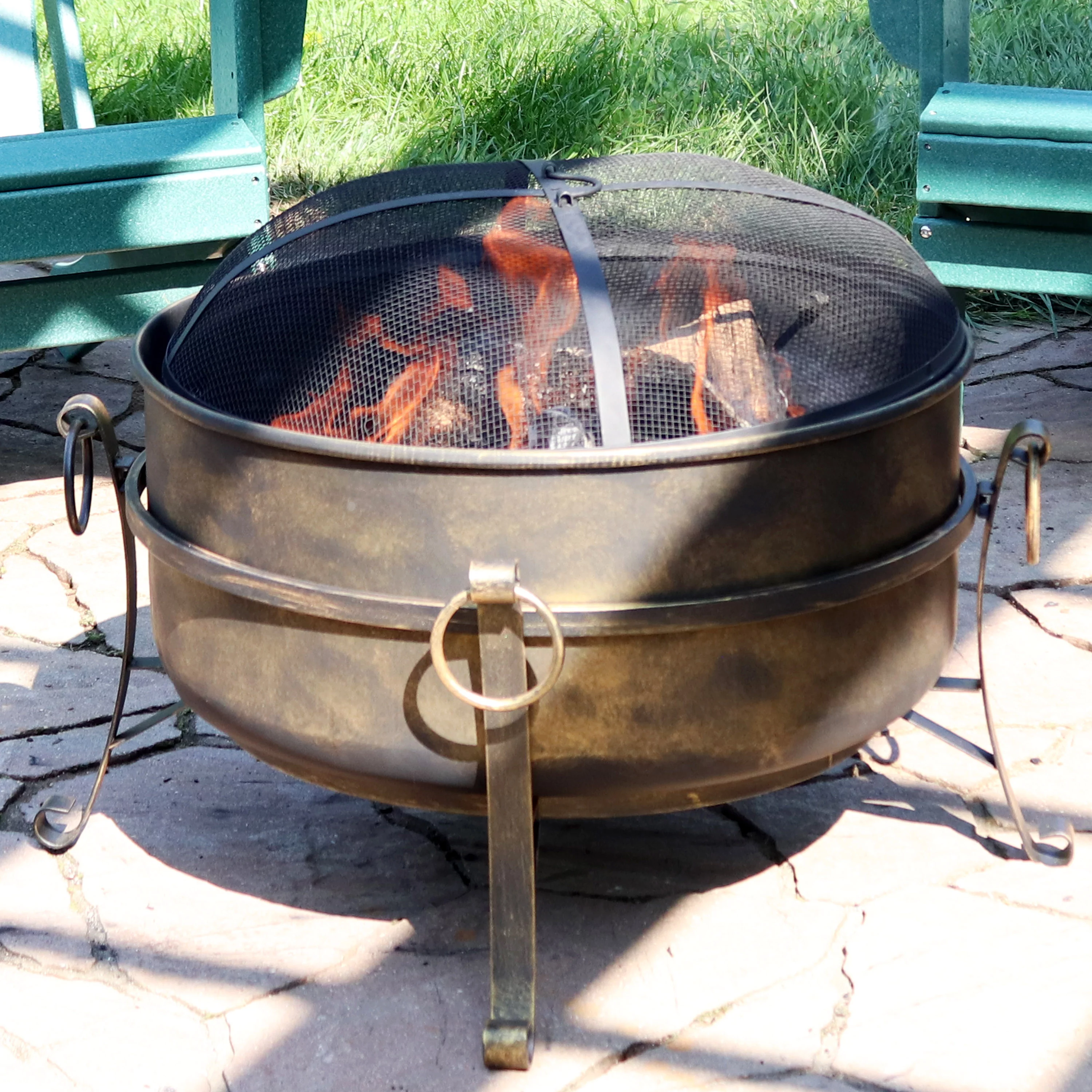 Sunnydaze Large Outdoor Cauldron Fire Pit with Spark Screen - 24