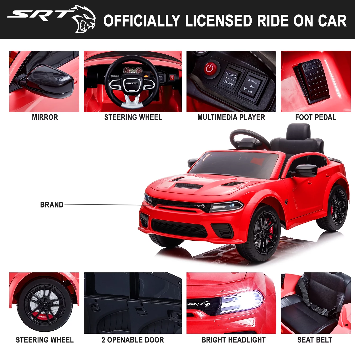 uhomepro Black 12 V Dodge Charger SRT Hellcat Battery Powered Ride on Cars with Remote Control, Bluetooth, LED Light and MP3 Player - Womvr