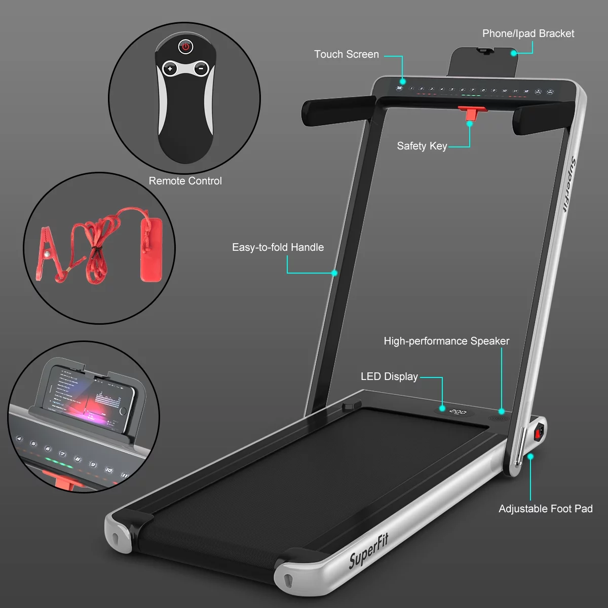 SuperFit Up To 7.5MPH 2.25HP 2 in 1 Dual Display Screen Folding Treadmill Jogging Machine W/APP Control Silver - Womvr