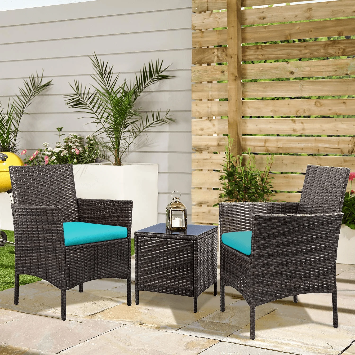 Lacoo 3 Pieces Outdoor Patio Furniture PE Rattan Wicker Table and Chairs Set Bar Set with Cushioned Tempered Glass, Brown/Beige, 2 - Womvr