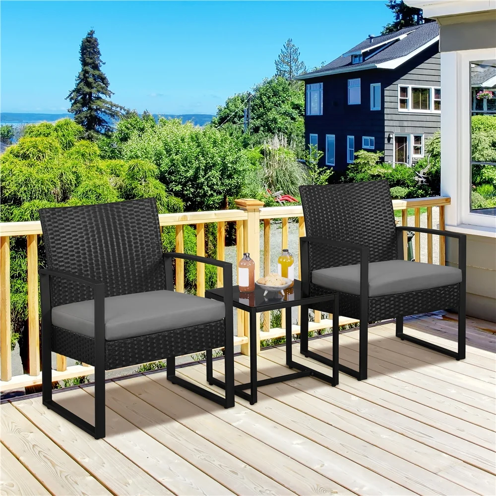 Yaheetech Modern 3-piece Patio Rattan Chairs & Table Set with Cushions, Black/Gray - Womvr