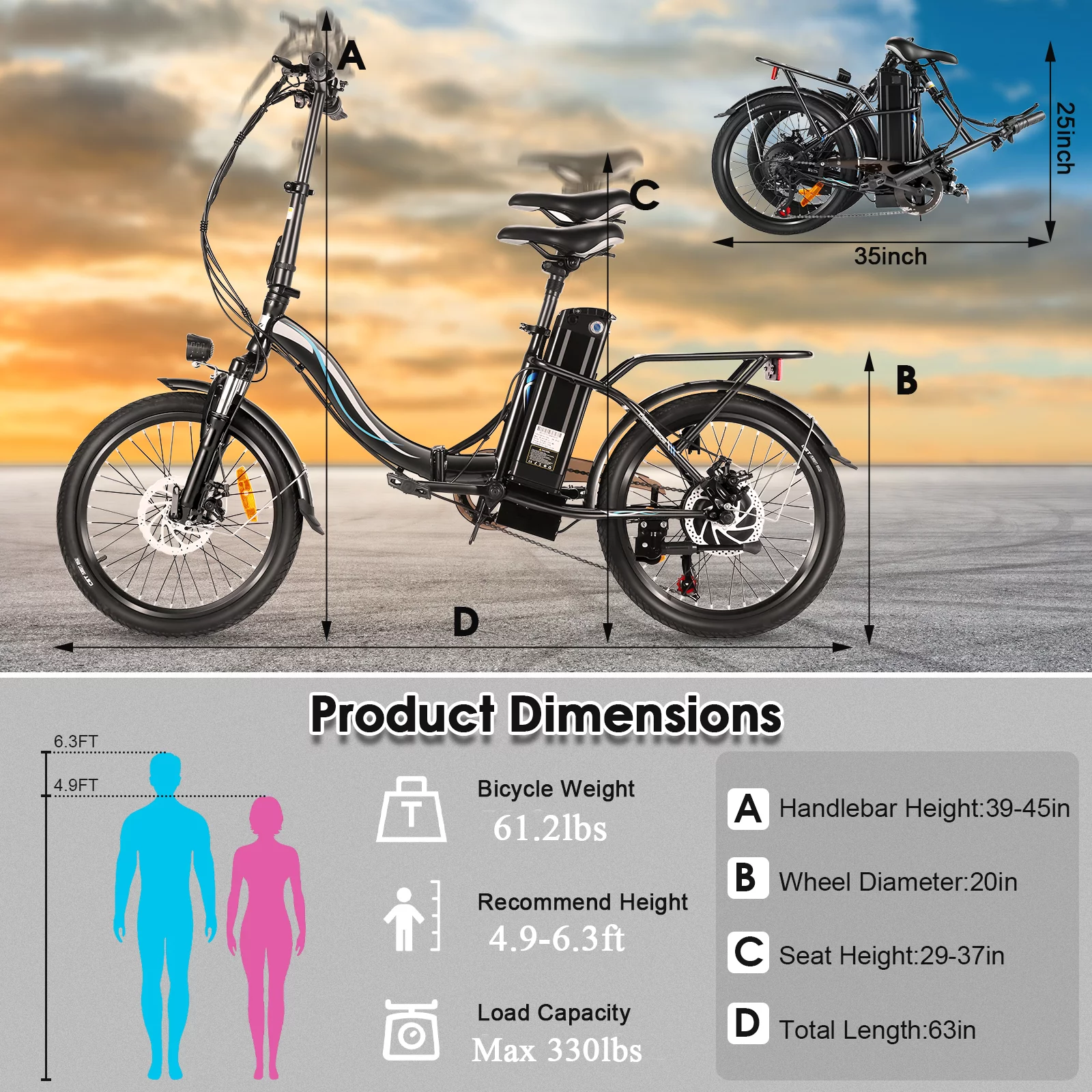 Elifine 500W Folding Electric Bike for Adults, 20