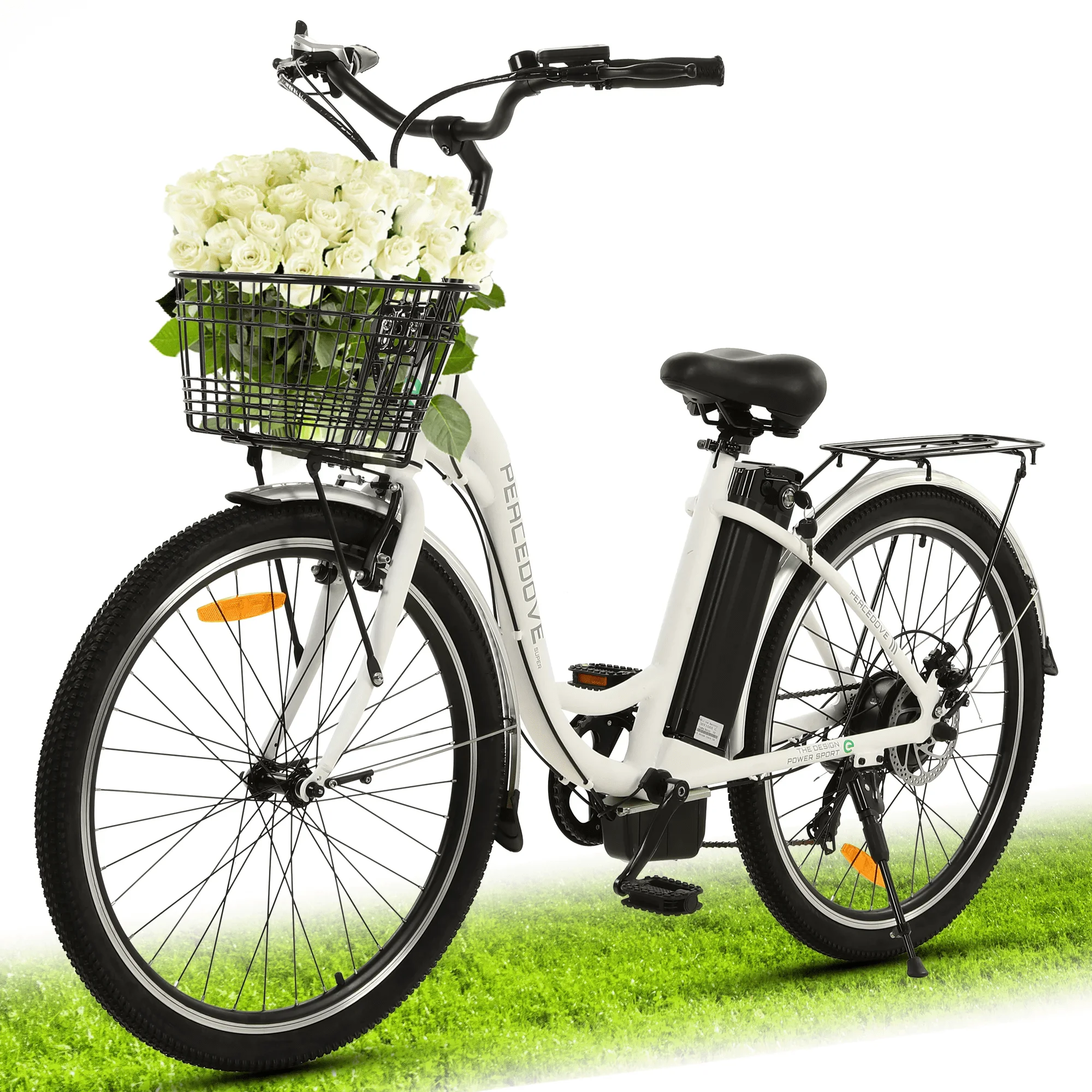 Ecotric 26 Inch 36 V 10 AH 350 W City Bike Electric Bicycle e-bike White with Basket 7 Speed Step Through Commuter for Women Girls A-E516646 - Womvr