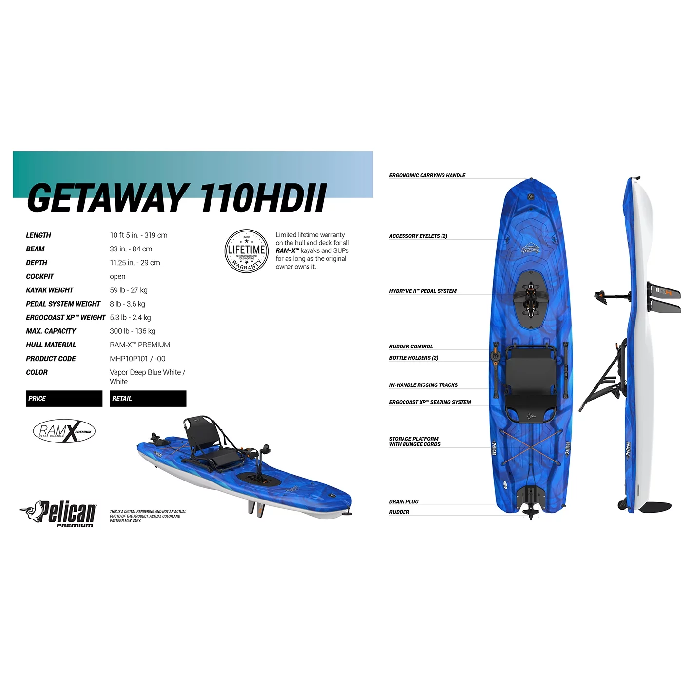 Pelican - Getaway 100 HDII - Sit-on-Top Recreational Pedal Kayak - 10 ft - Vapor Deep Blue/White - Womvr