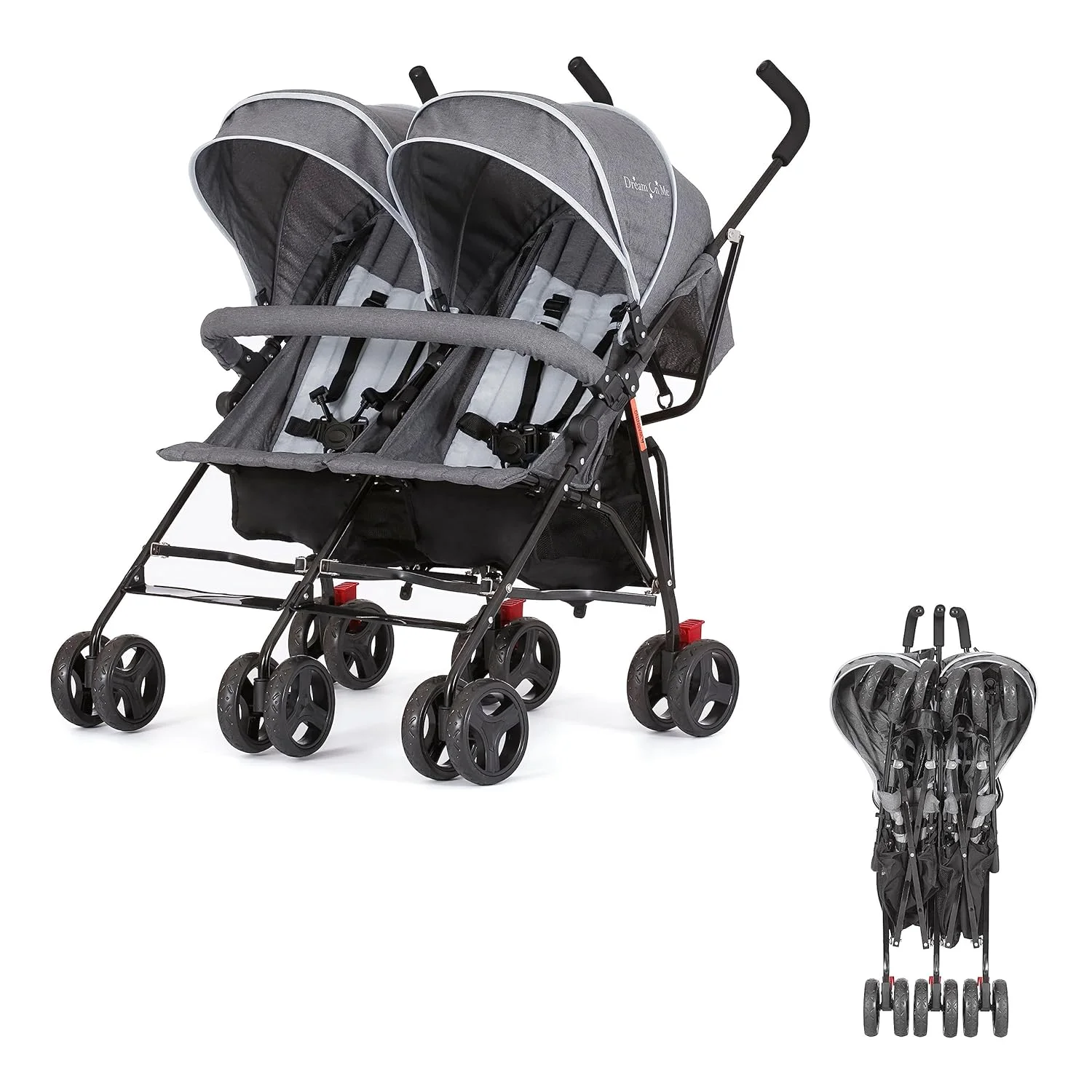 Dream On Me Vo o Twin Umbrella Stroller in Gray, Lightweight Double Stroller for Infant & Toddler, Compact Easy Fold, Large Storage Basket, Large and Adjustable Canopy - Womvr