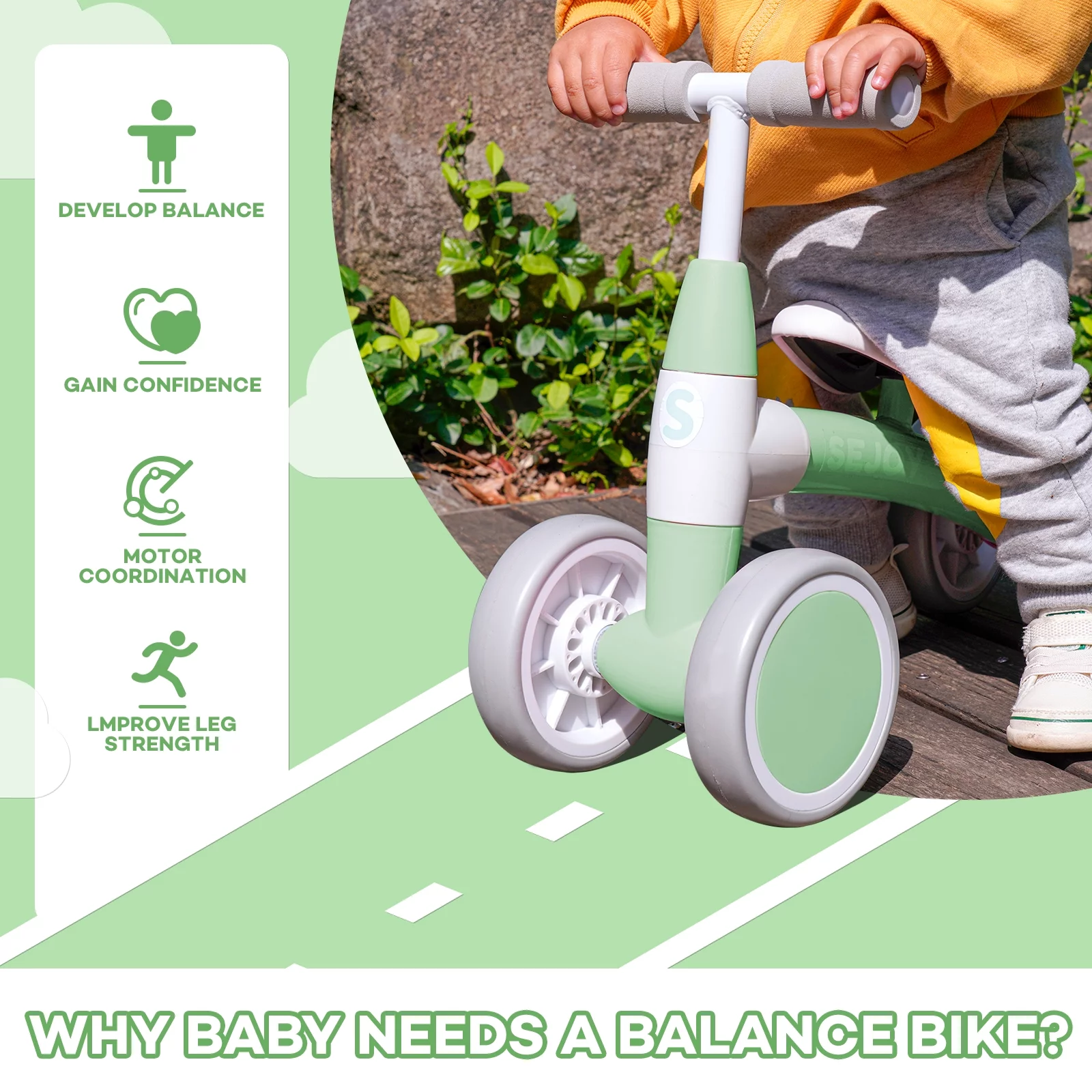 Sejoy Baby Balance Bike Children Walker for 1-3 Years Old Boys Girls 12-36 Months Kids Toddler First Bike 4 Wheels Riding Toys,First Birthday Gifts - Womvr