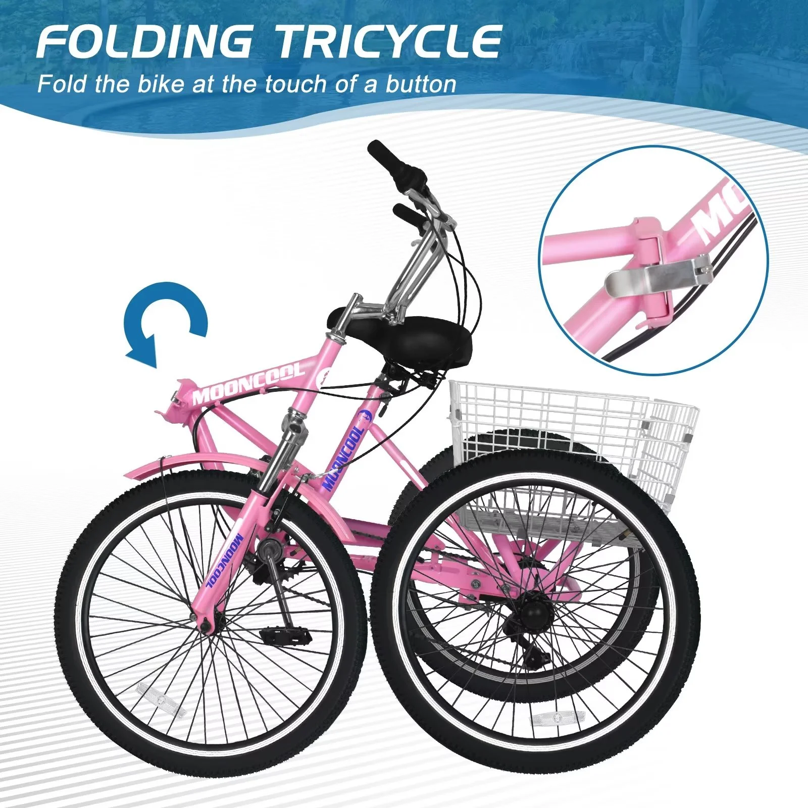 MOPHOTO 20/24/26 inch Adult Tricycle Folding 3 Wheel Cruiser Bikes 7 Speed, Portable and Foldable Trikes with Cargo Basket for Men & Women Outdoor Cycling, Purple - Womvr