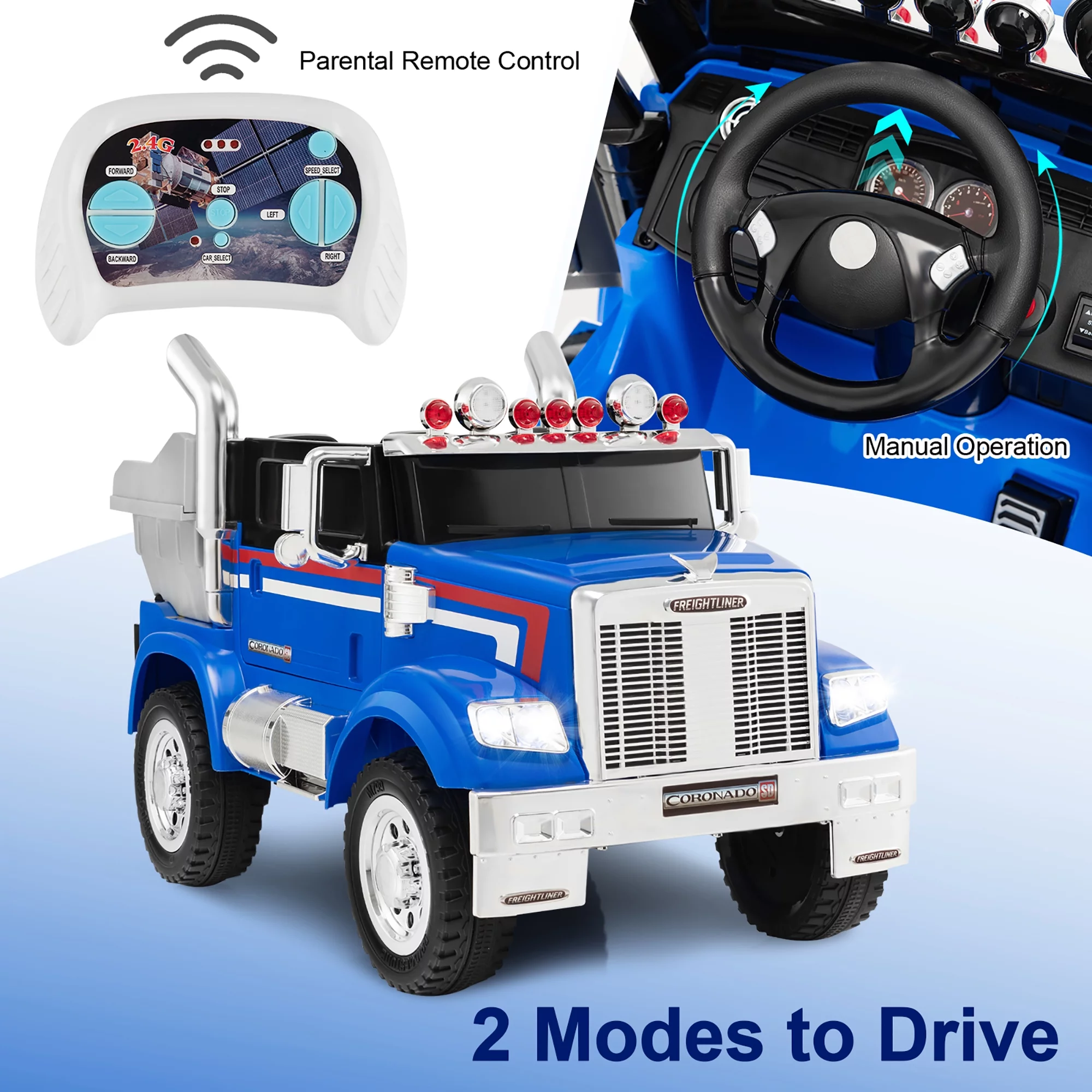Costway 12V Licensed Freightliner Kids Ride On Truck Car RC w/ Dump Box & Lights Red - Womvr
