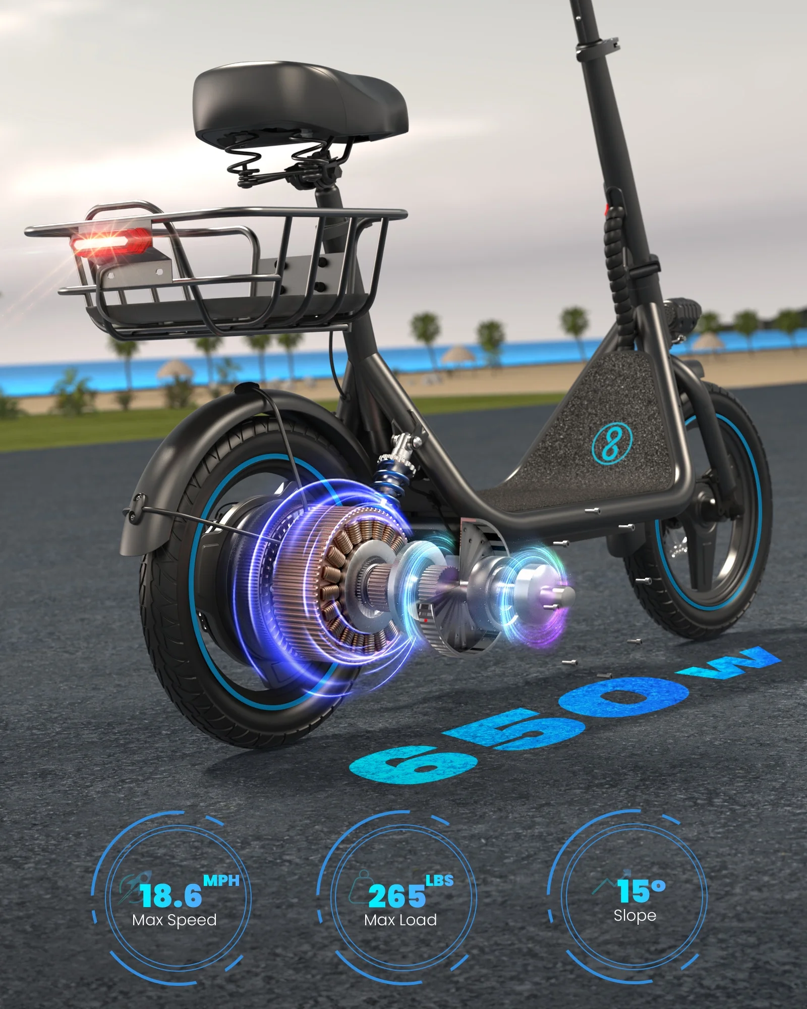 Kistp 600W Electric Scooter with Seat for Adult,14 inch Commuter Electric Scooter with Dual Shock Absorbers and Basket-up to 25 Miles 18.6MPH Rear Basket - Womvr