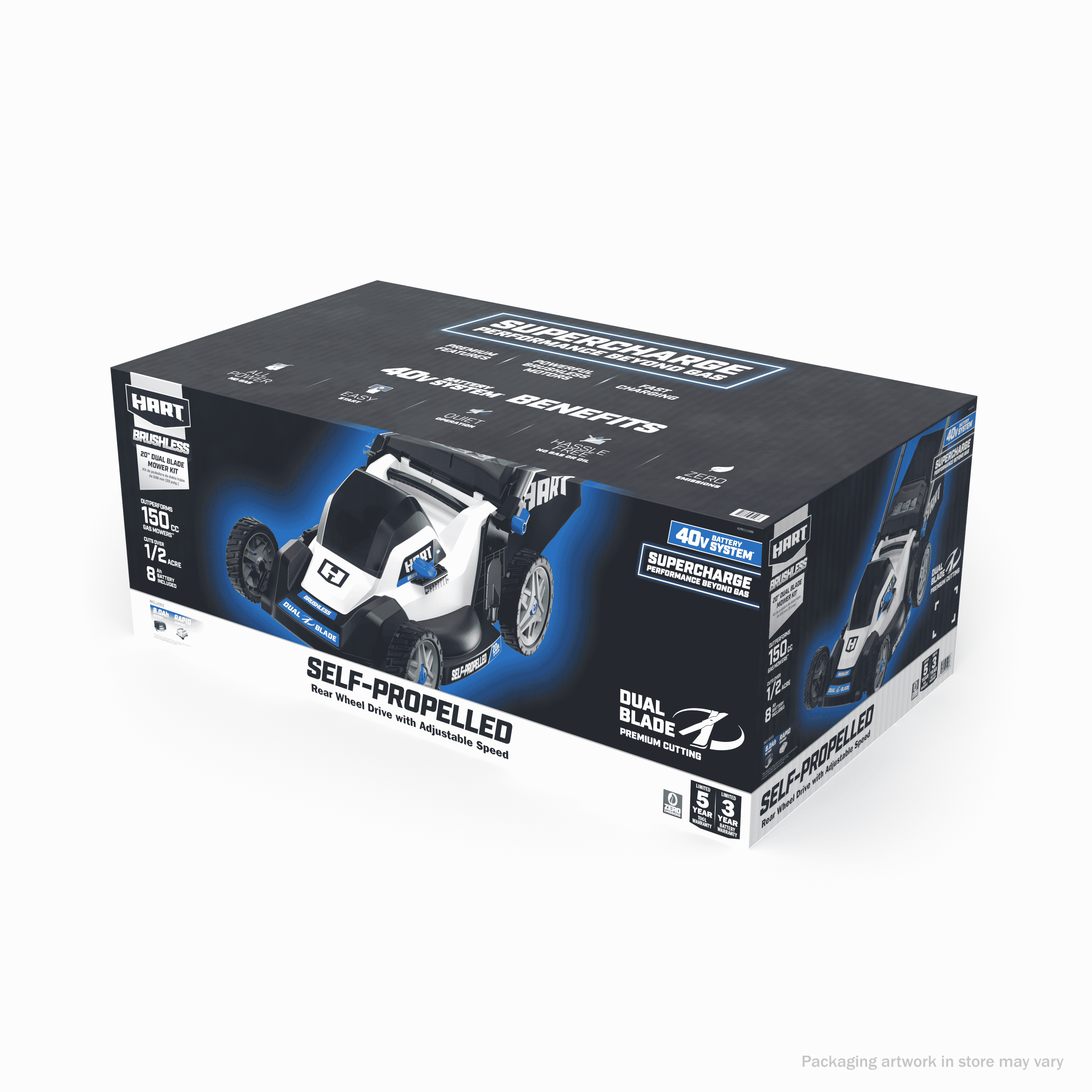 HART 40-Volt 20-inch SUPERCHARGE Dual Blade Self-Propelled Mower Kit, (1) 8.0Ah Lithium-Ion Battery - Womvr