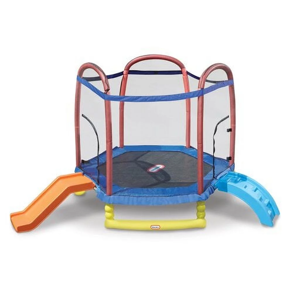 Little Tikes Climb 'n Slide 7' Trampoline with Enclosure, Hexagon, Indoor Outdoor Backyard Play, Blue- For Kids Boys Girls Ages 3 4 5+ to 10 Year Old - Womvr