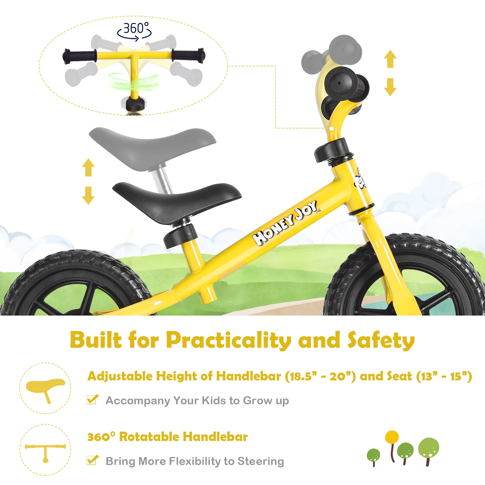 Infans Kids Balance Bike No Pedal Training Bicycle w/Adjustable Handlebar & Seat Yellow - Womvr