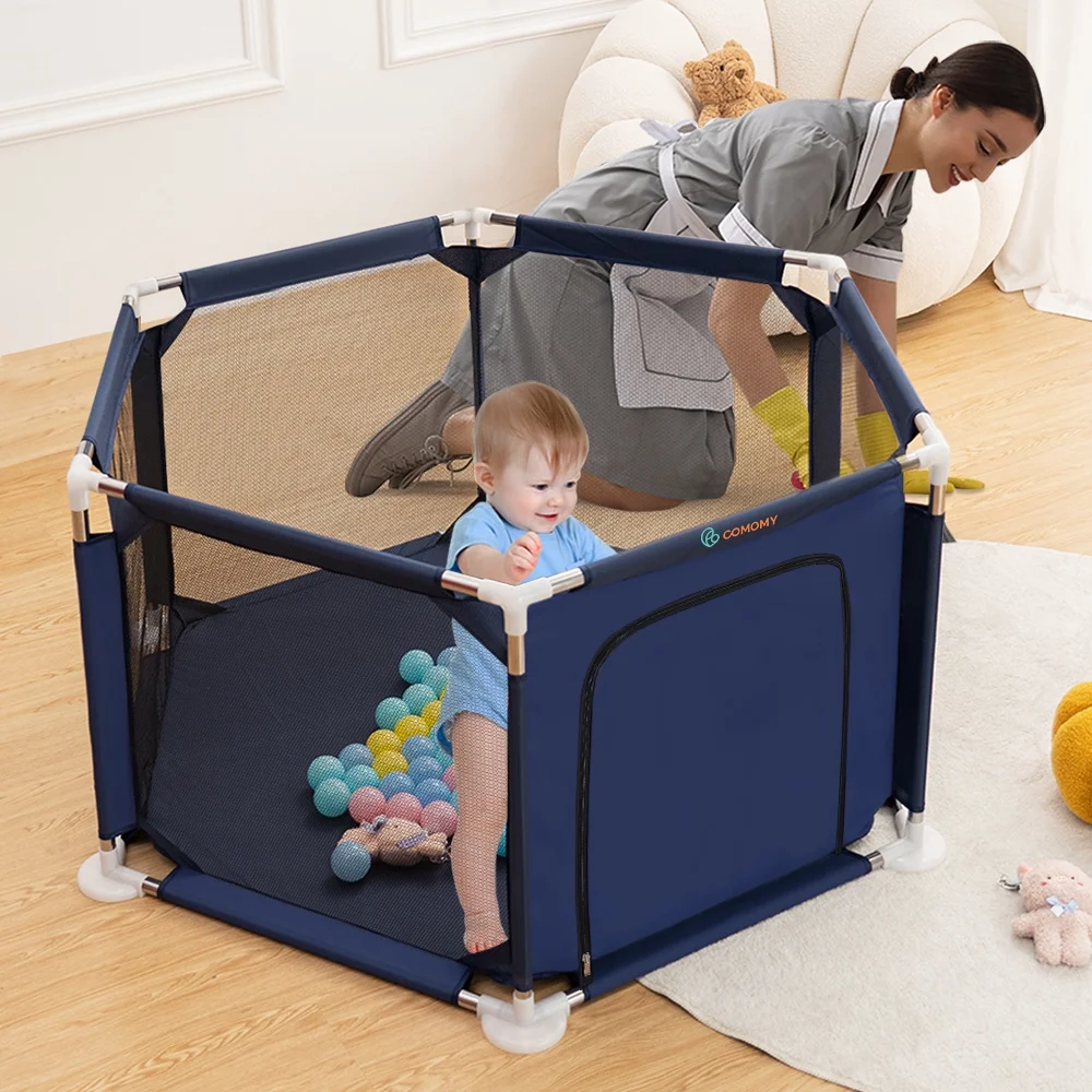Baby Playpen, Travel Baby Playards, Baby Play Yard, 6Panels Portable Infant Play Game Area,Blue - Womvr