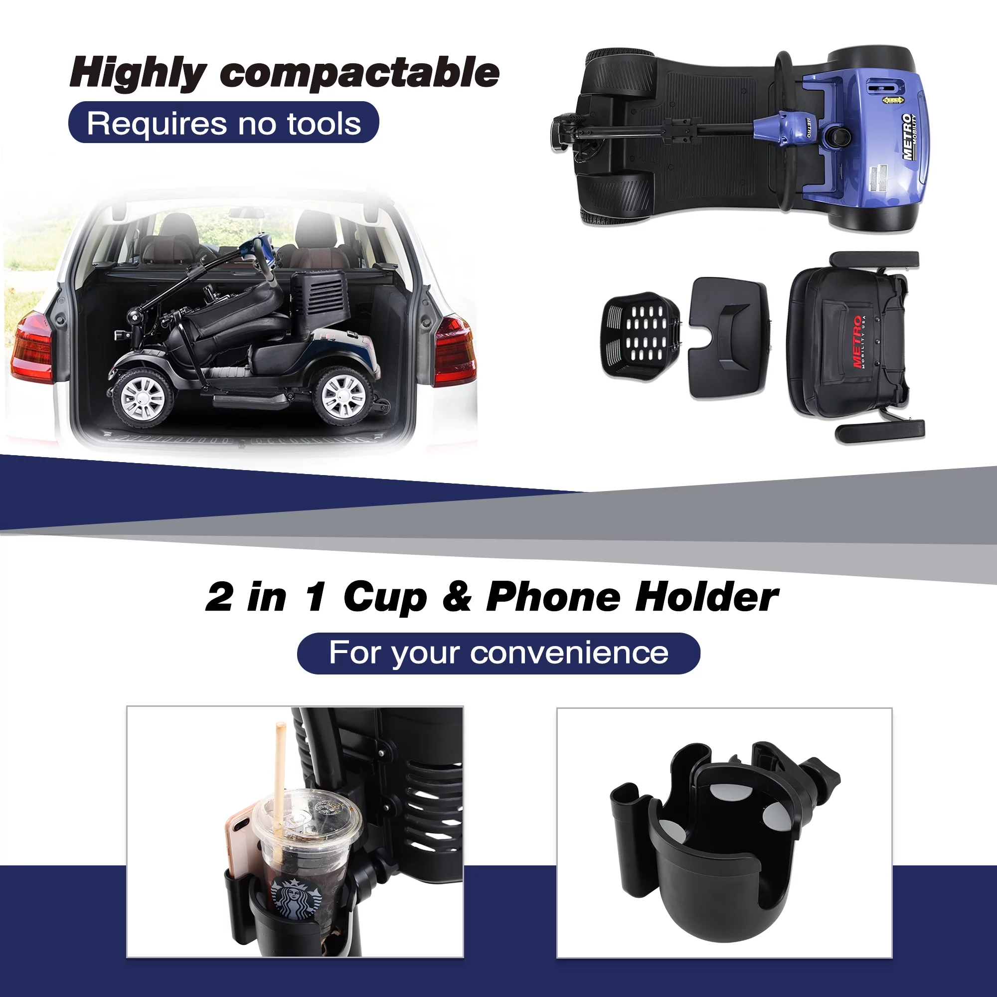 4 Wheel Mobility Scooter for Seniors, Outdoor Compact Mobility Scooter for Adults with Phone Holder and Cup Holder, 300 LBS Max Weight, Collapsible & Compact for Travel with Family, Blue - Womvr