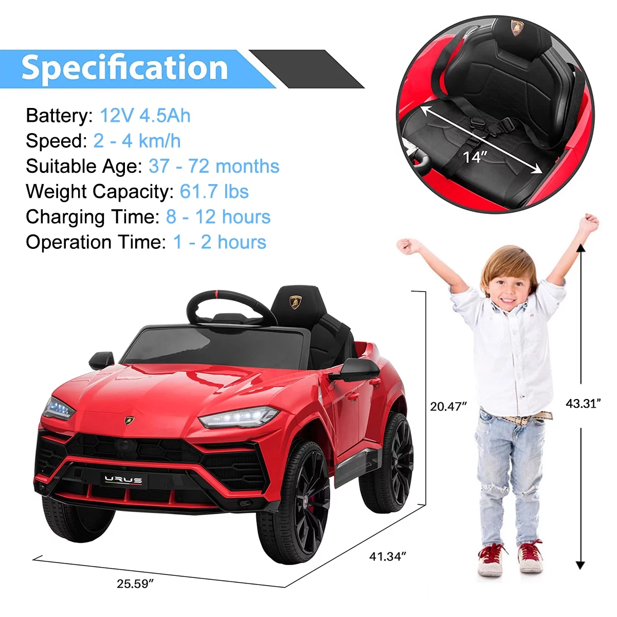 FUNTOK Lamborghini Urus 12V Electric Powered Ride on Car for Kids, with Remote Control, Foot Pedal, MP3 Player and LED Headlights - Womvr