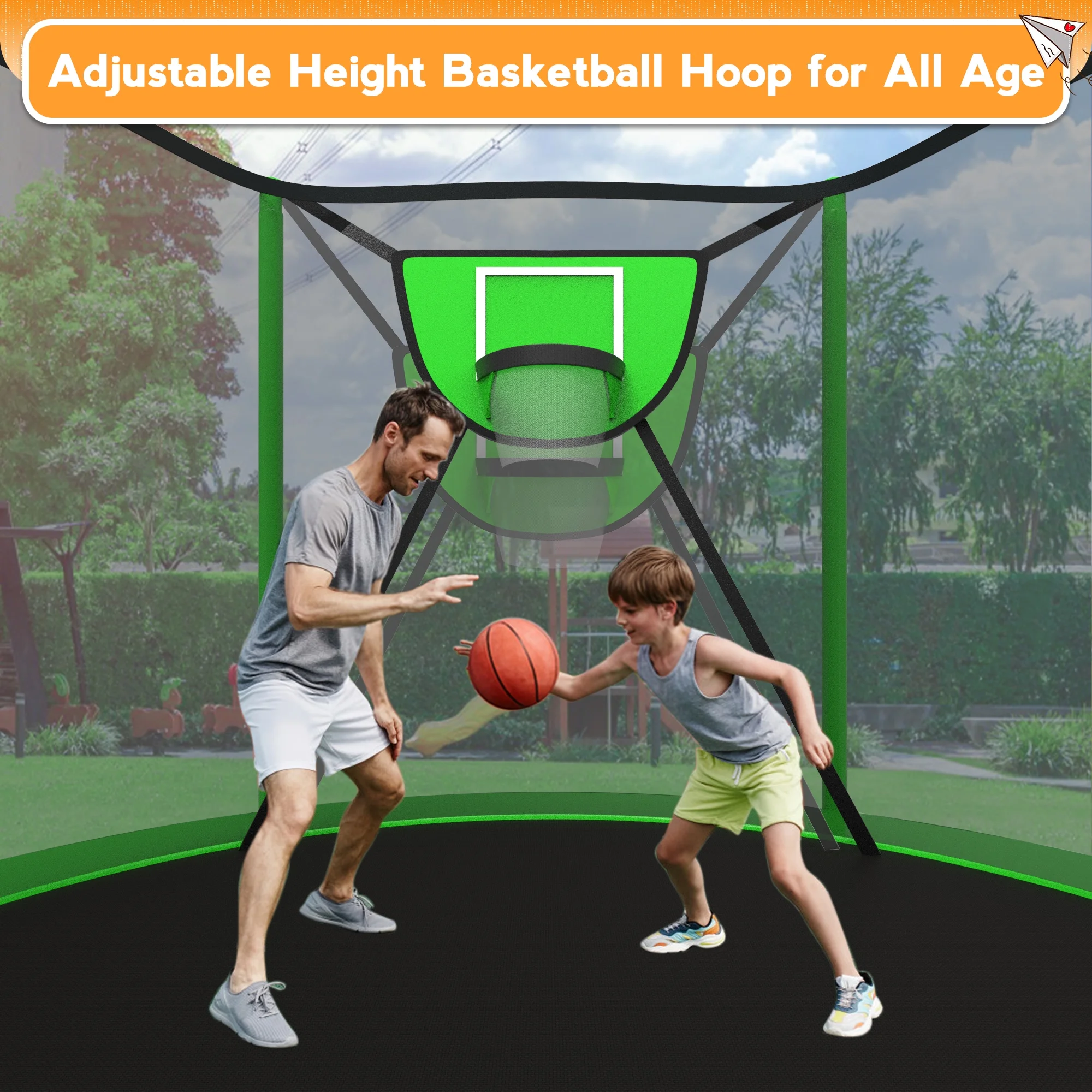 KOFUN Trampoline with Adjustable Basketball Hoop & Light, 1500lbs 10FT 12FT 14FT 16FT Trampoline for Adults and Kids, No Gap Design Backyard Trampoline with Enclosure Net, Ladder, Green - Womvr