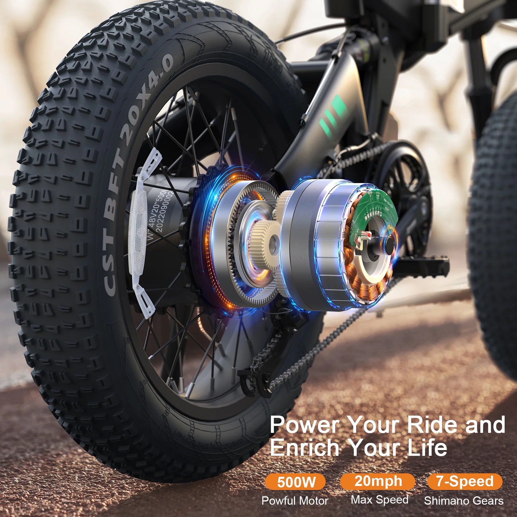 Wooken Electric Bike, 20''X4.0 Fat Tire Electric Bike for Adults, 500W 20MPH Foldable Electric Bicycle with 48V 10Ah Built-in Battery, Shimano 7 Speed Wheels Electric Bike, Dual Shock Absorber - Womvr