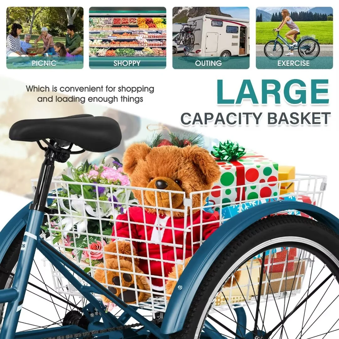 Docred Adult Tricycle, 7 Speed Three Wheel Mountain Bike, 24/26/27.5 inch Adults Trikes ,Load capacity 420 lbs - Womvr