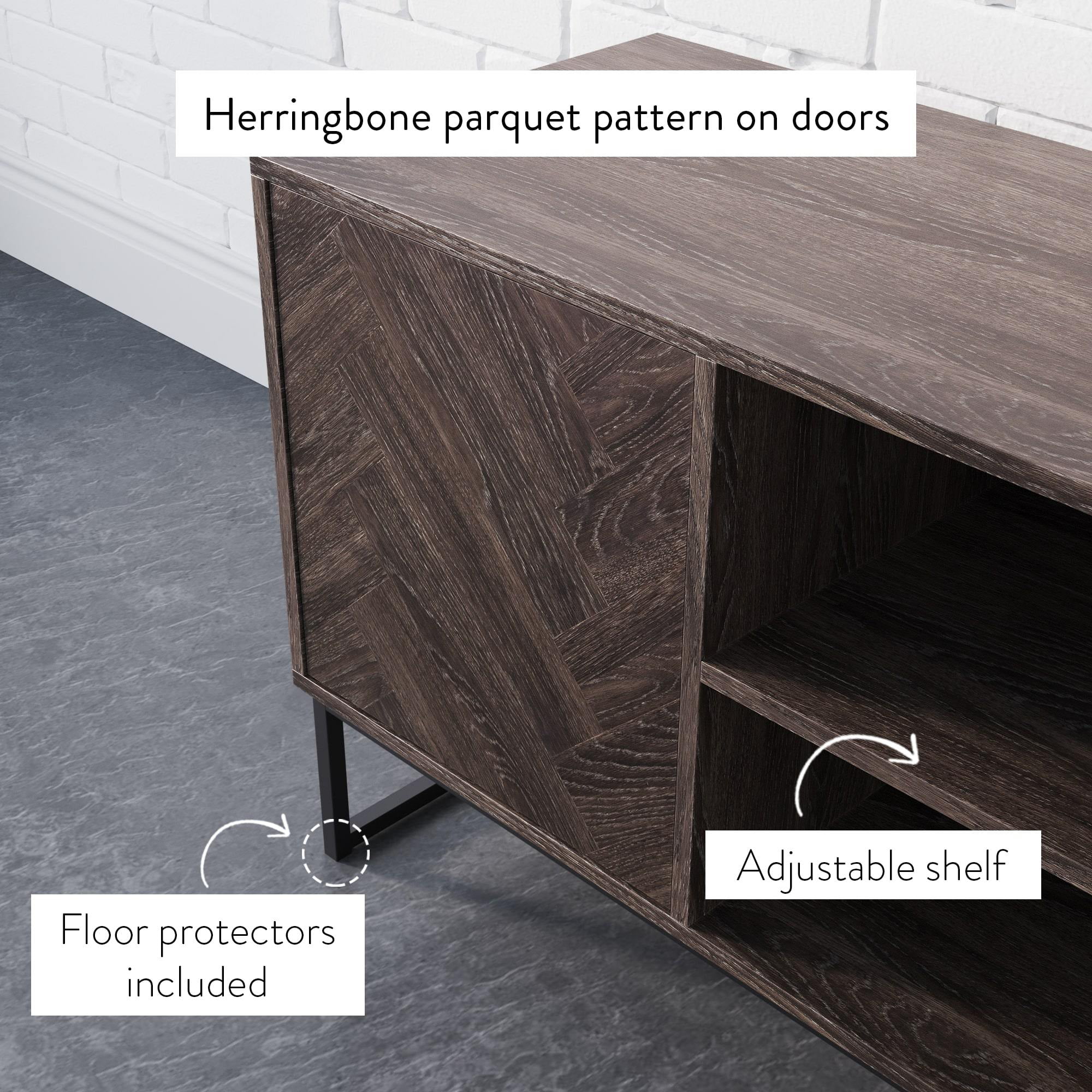 Nathan James Dylan Media Console Cabinet TV Stand with Hidden Storage Herringbone Pattern Wood Metal, Gray/Black - Womvr