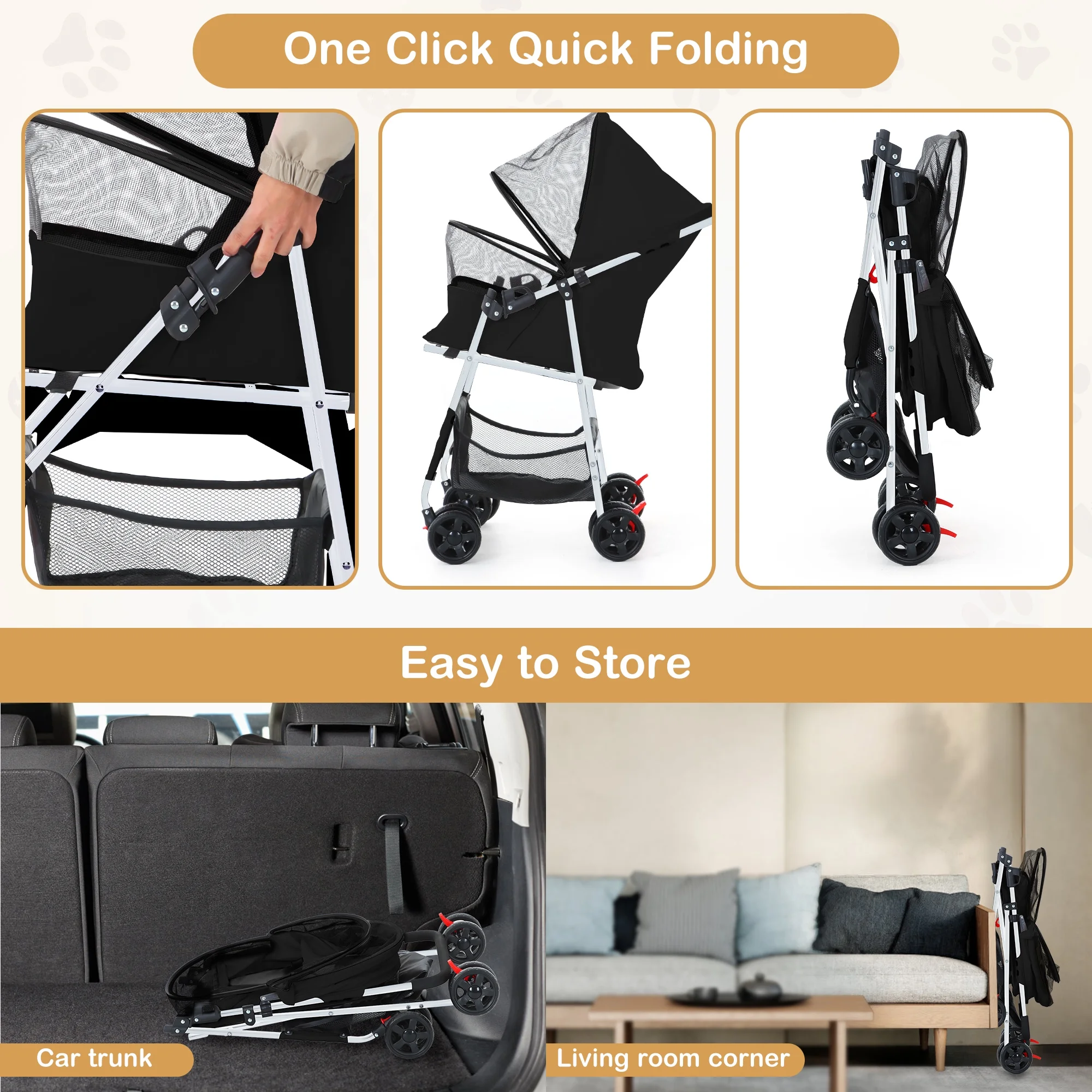 Zoolike Pet Stroller Cat Dog Cage Stroller Travel Folding Carrier .Foldable Carrier Strolling Cart for Small Medium Dog, Cat W/ Storage Basket ,Safety Tether ,Black - Womvr