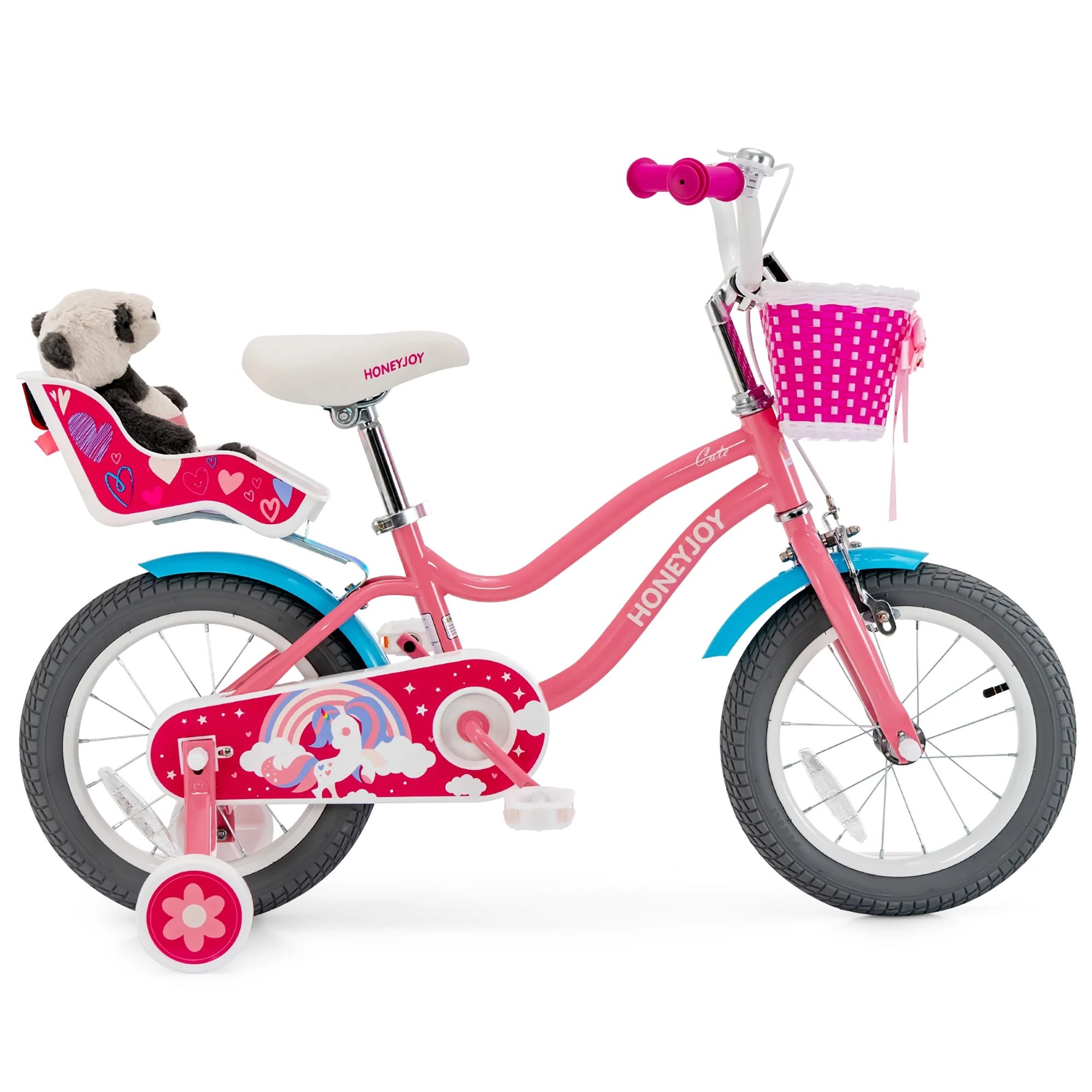 Gymax 14 Inches Kids Bicycle w/ Doll Chair & Basket Kids Bike w/ Training Wheels Pink - Womvr