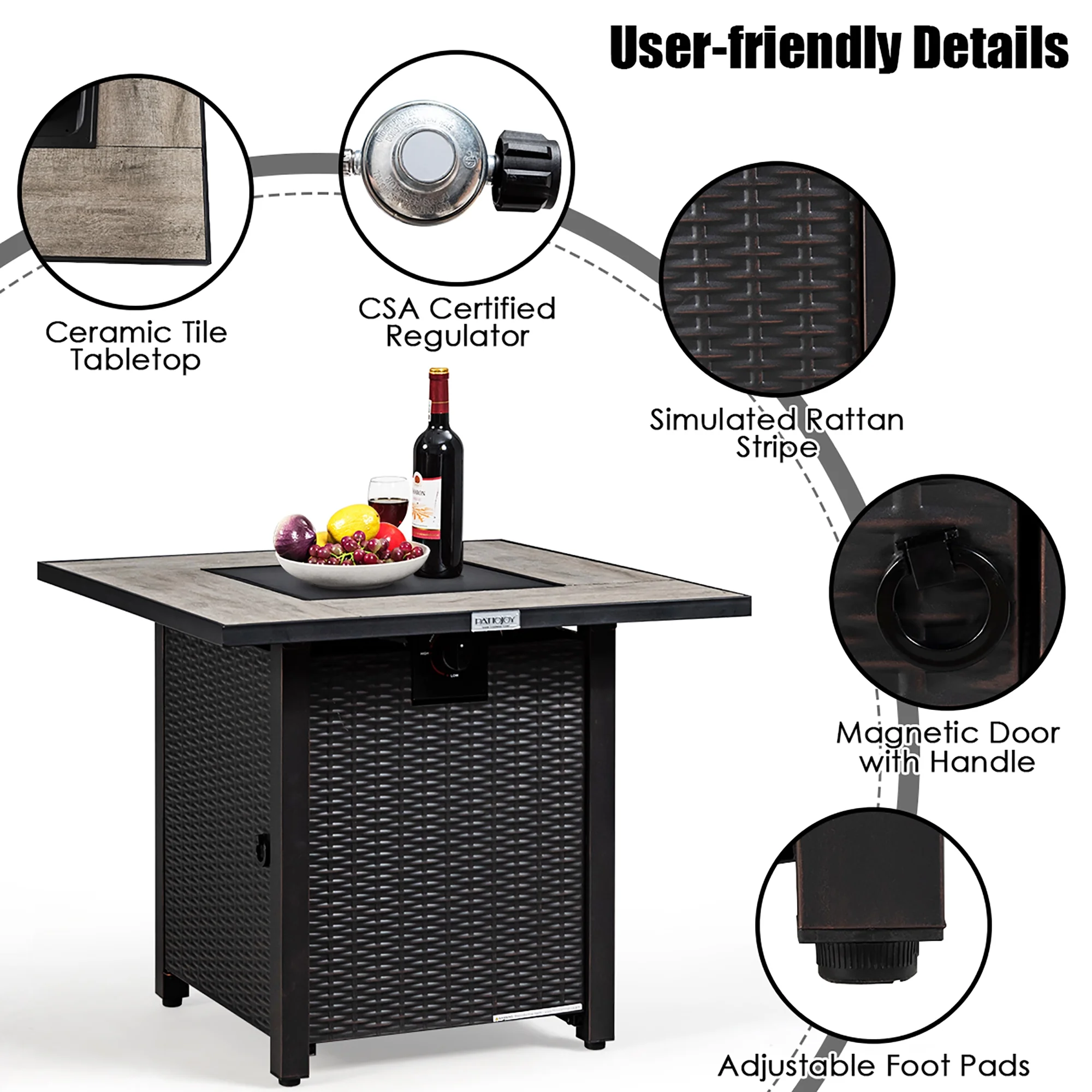 Costway 30'' Square Propane Gas Fire Pit Table Ceramic Tabletop 50,000 BTU with Cover - Womvr