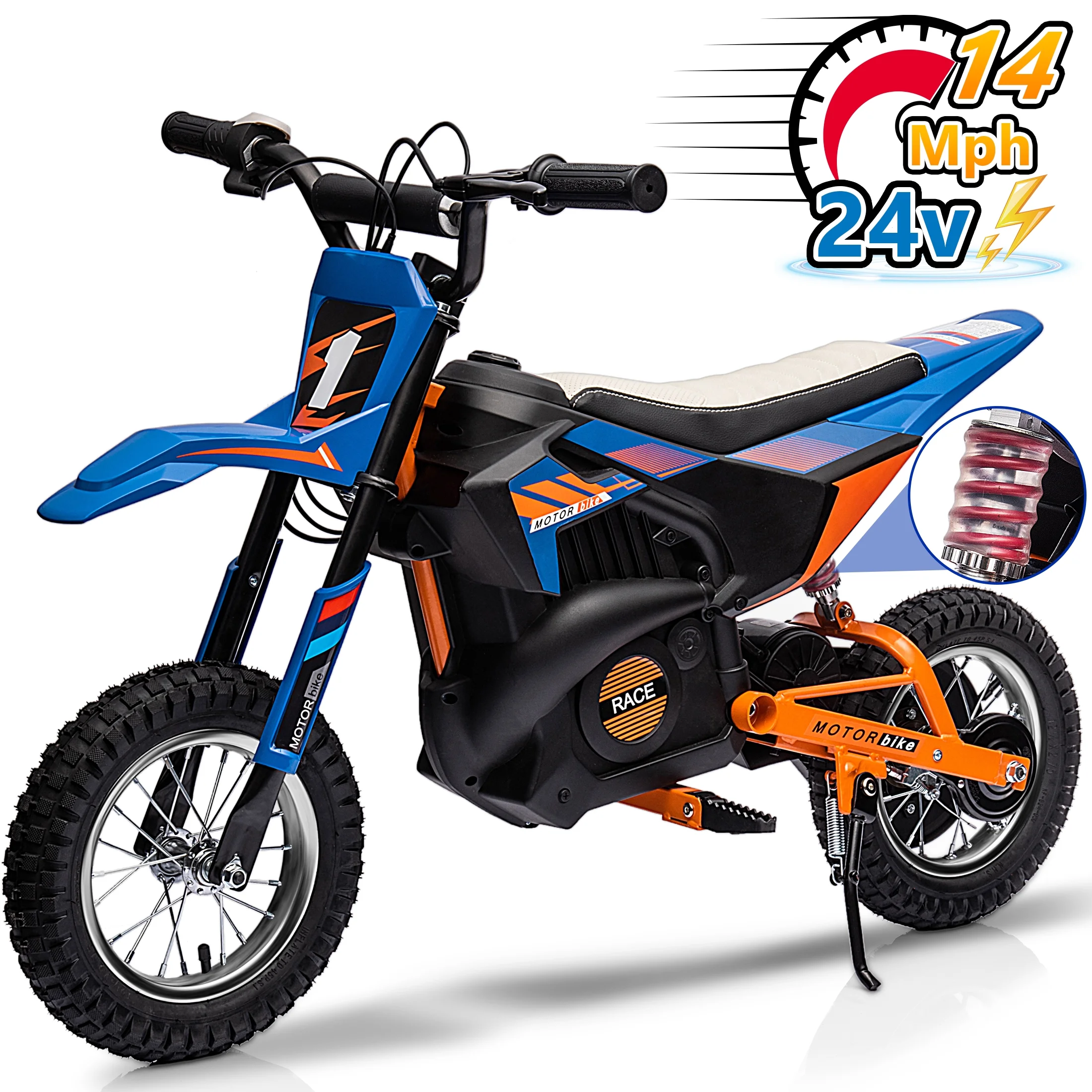 Wisairt 24V Dirt Electric Ride on Motocross Bike for Kids and Teens 13+ Between 40 and 140 lbs(Blue & Orange) - Womvr