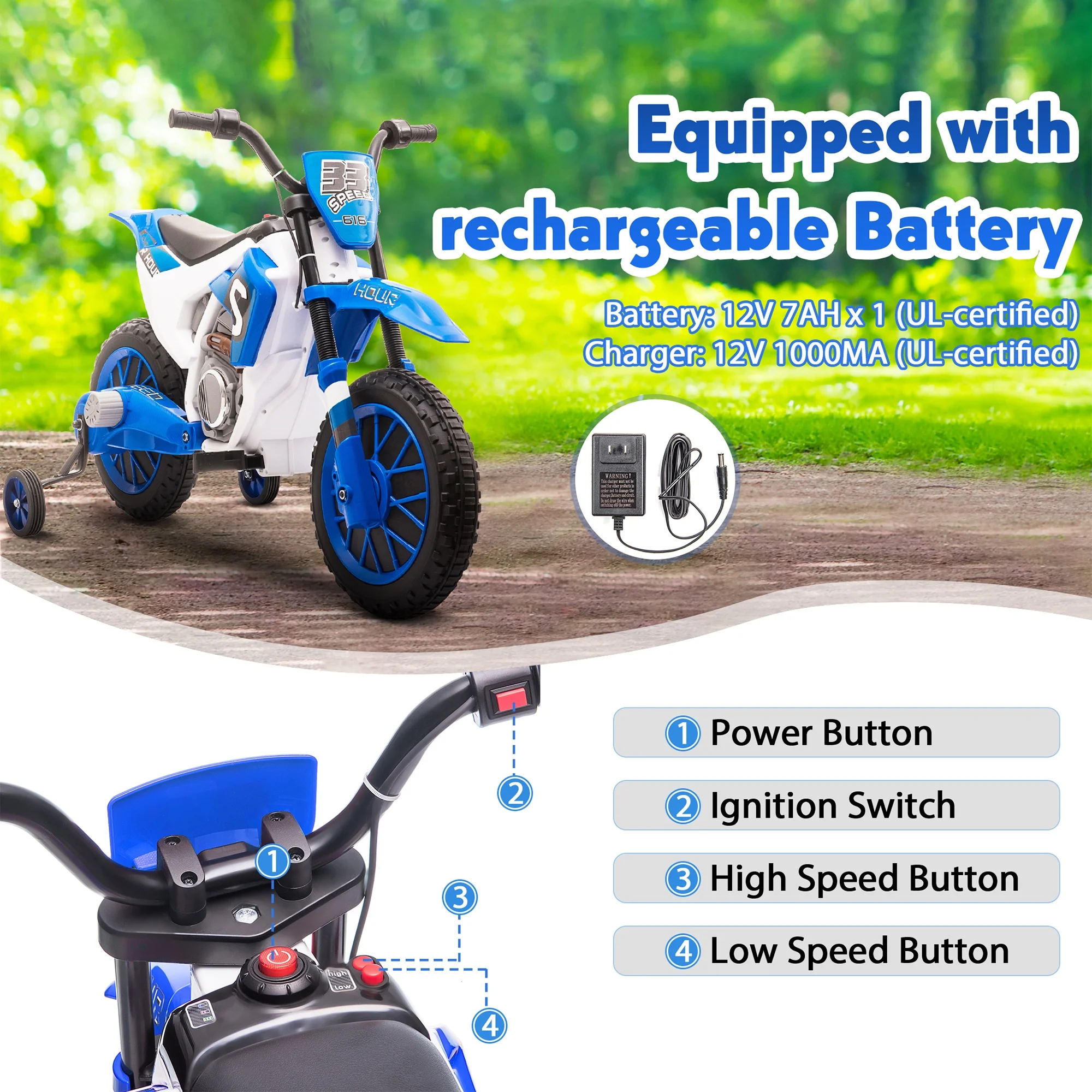 TOBBI 12V Kids Motorcycle off- Road Ride on Dirt Bike W/ Training Wheels, Age 3-8 Toddlers, Green - Womvr