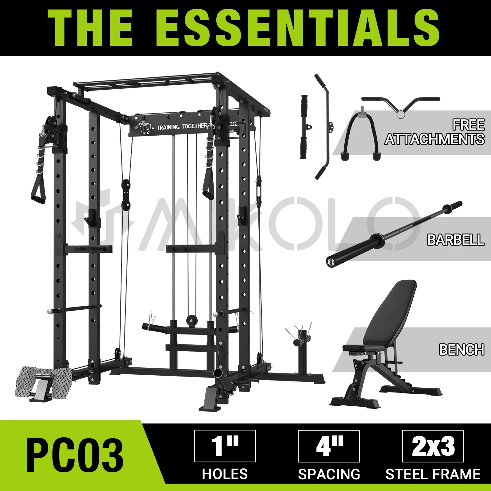 Mikolo Power Rack Cage, 1500 lbs Weight Rack with Cable Crossover Machine,Multi-Function Squat Rack with J Hooks,Dip Bars and Landmine for Home Gym (Black), Plate Loaded Machine - Womvr