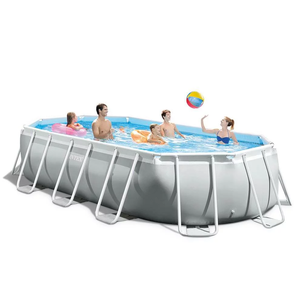 Intex 26795EH Prism Frame 16.5ft x 9ft x 48in Outdoor Above Ground Oval Pool Set with Pump, Cover and Ladder, Gray - Womvr