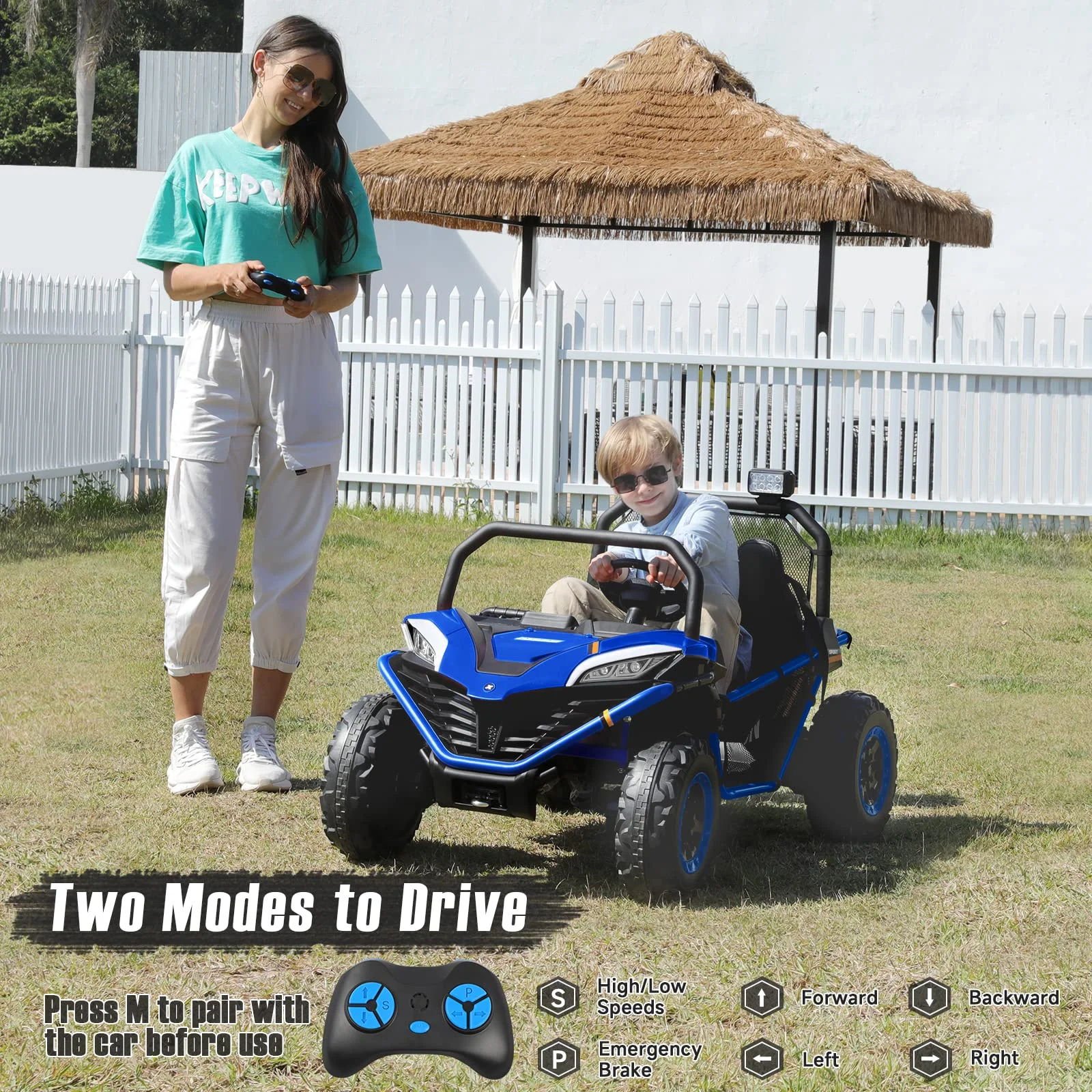 12 V Ride on Car,2 Seater Powered on Truck,4WD Electric Off-Road,Remote Control,Spring Suspension Ride on UTV for 3-8 Kids,Blue - Womvr