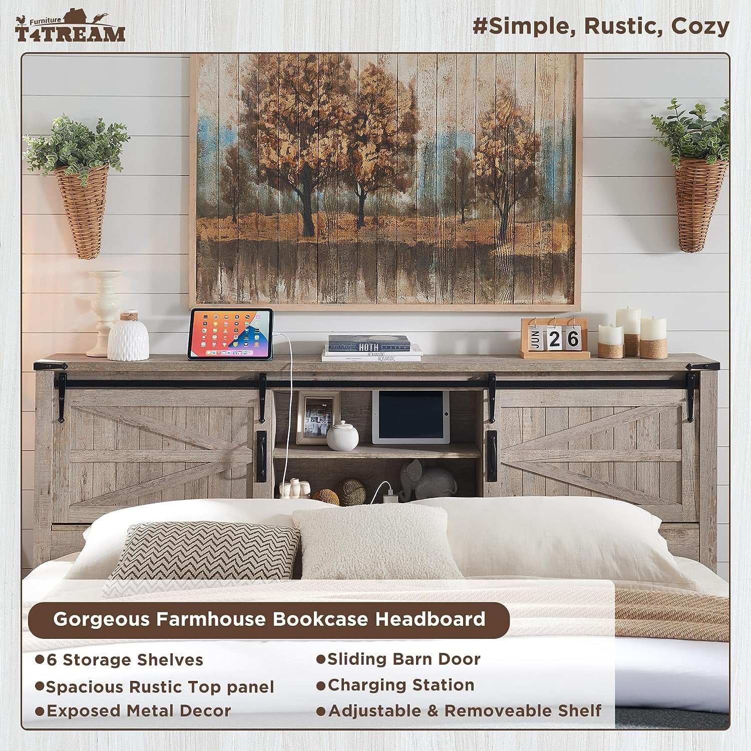 OKD Farmhouse Full Bed Frame, Wood Platform Bed with Bookcase Storage Headboard and Charging Station, No Box Spring Needed, Light Rustic Oak - Womvr