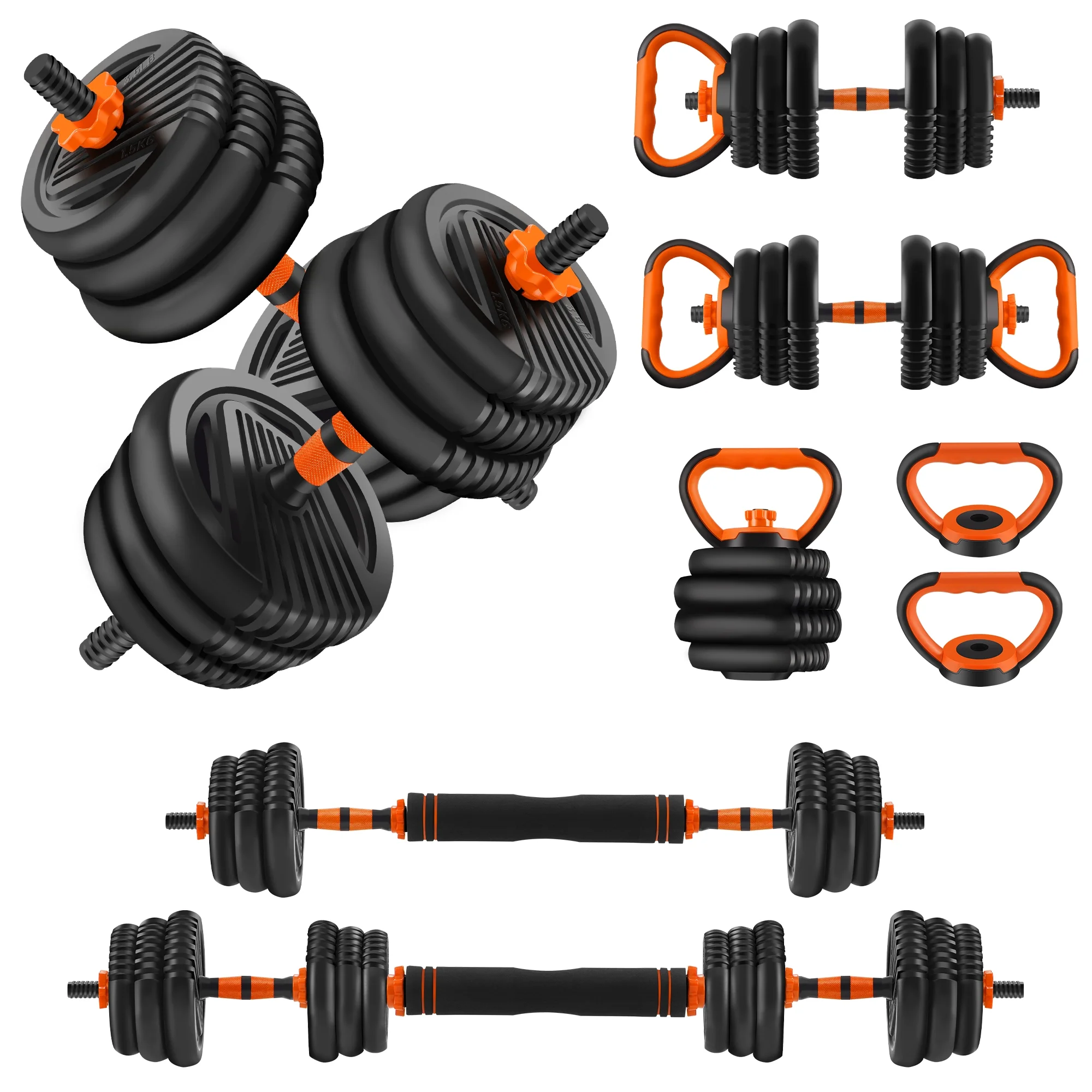 FIXTECH 55 Lbs Adjustable Weight Dumbbell Set - Premium Home Gym Equipment with Dumbbell, Barbell, Kettlebell, Push-Up Modes, Orange - Womvr