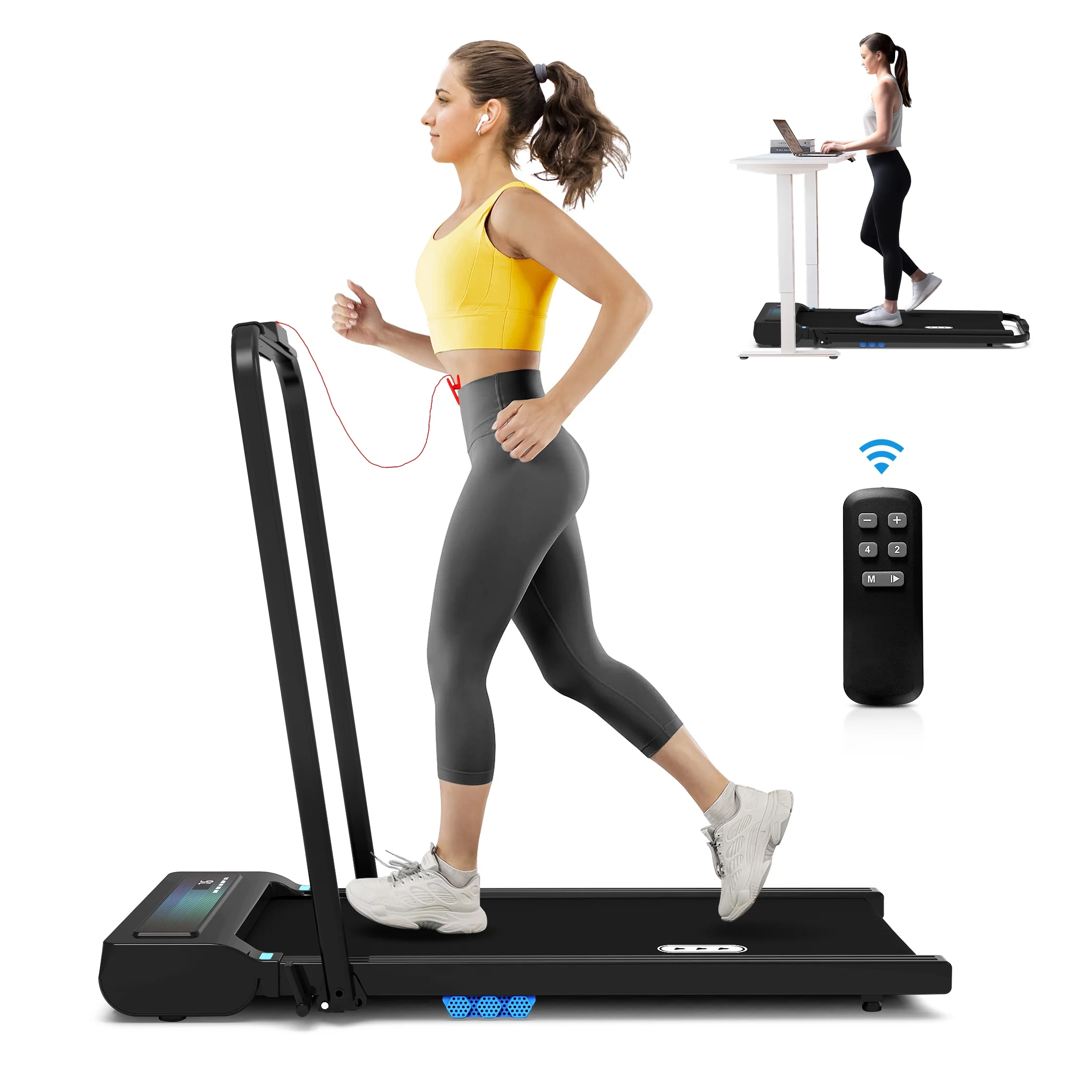 Hapycity 2 in 1 Under Desk Folding Treadmills Walking Running Machine 7.6MPH for Home Office Black - Womvr