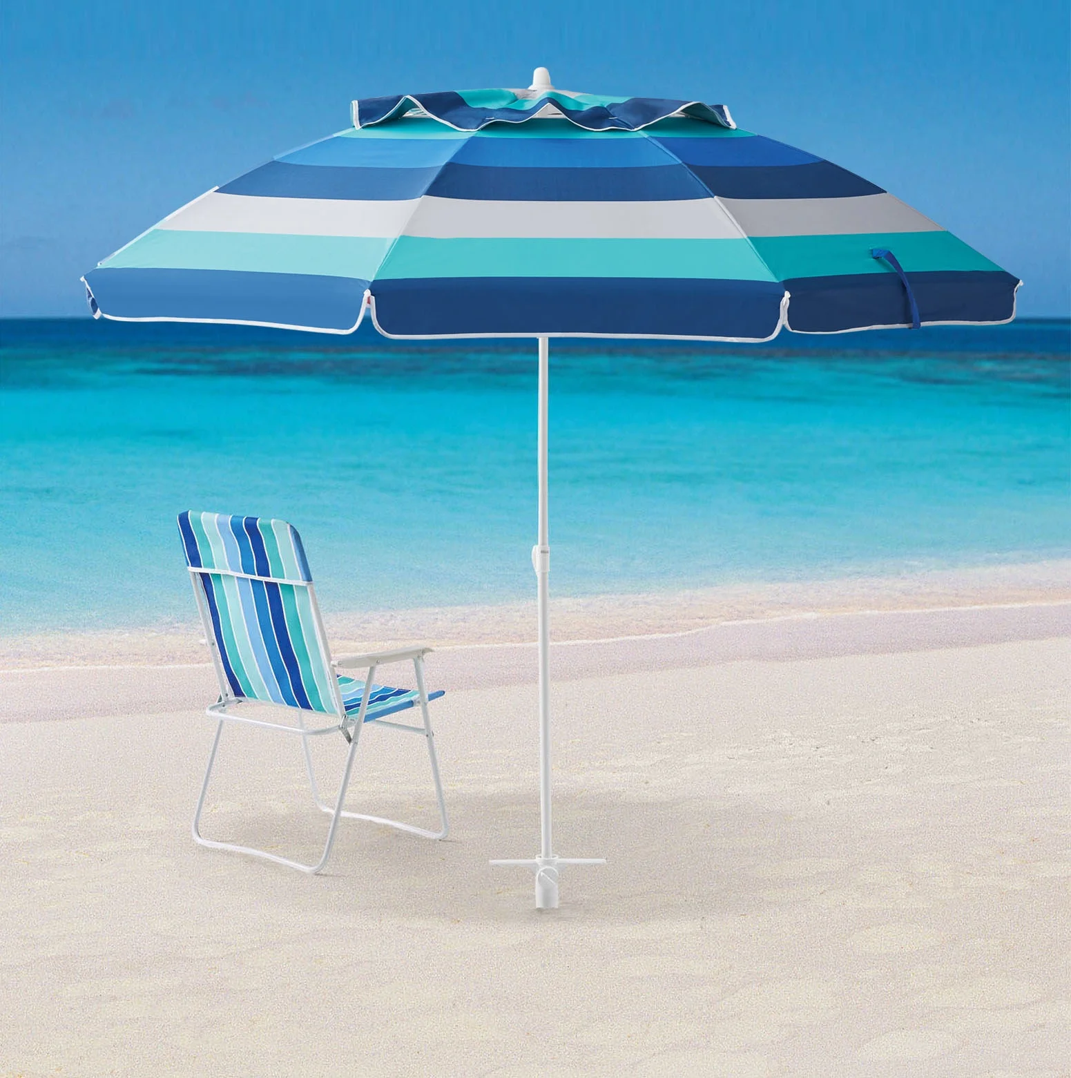 Mainstays 6 feet Beach Umbrella, Portable, Vented Canopy, UV Protection UPF 50+, Blue Stripe - Womvr