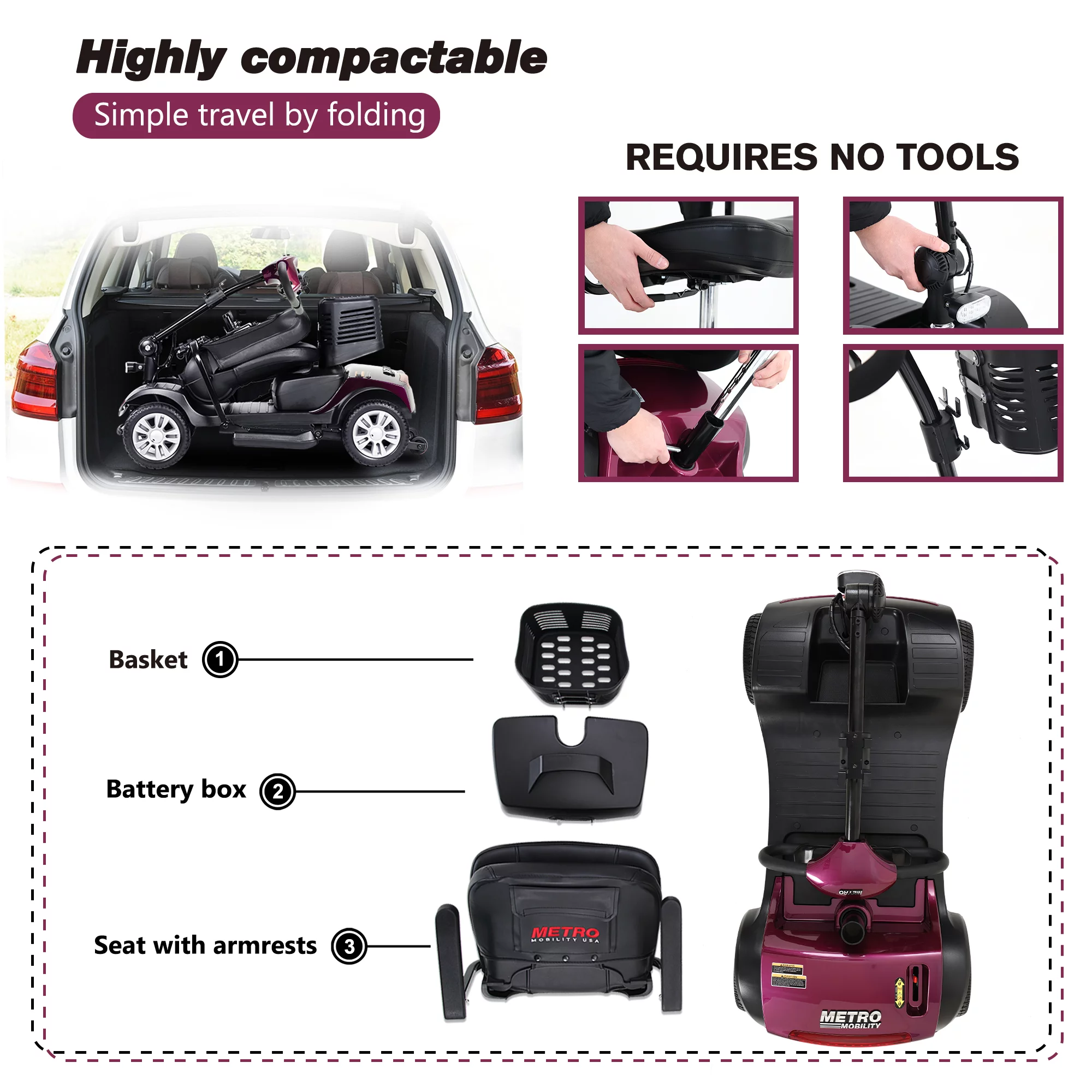 Electric Mobility Scooter for Adults and Seniors - 300 lbs Max Weight, 4-Wheel Powered Mobility Scooters Wheelchair Device for Travel, Elderly (with Head Light-White) - Womvr