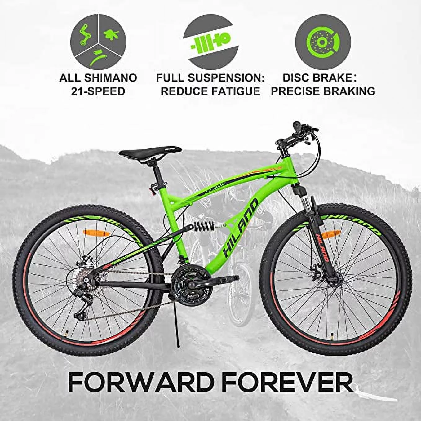 Hiland Full-Suspension Mountain Bike, Shimano 21 Speeds, 26 Inch Wheels, for Men Women MTB Bicycle Trail Bike, Green - Womvr