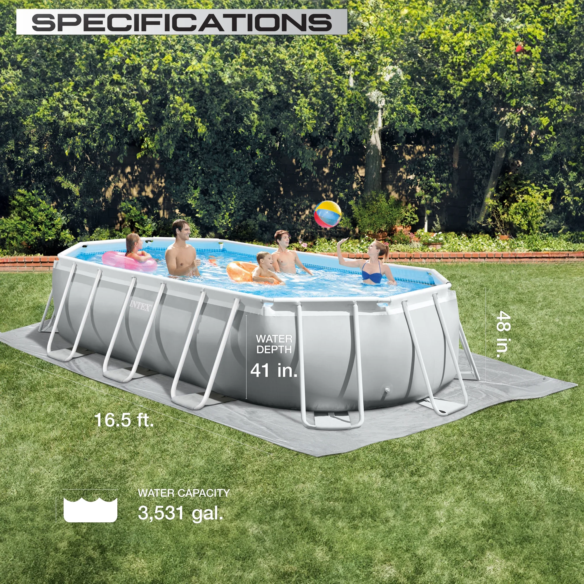 Intex 26795EH Prism Frame 16.5ft x 9ft x 48in Outdoor Above Ground Oval Pool Set with Pump, Cover and Ladder, Gray - Womvr