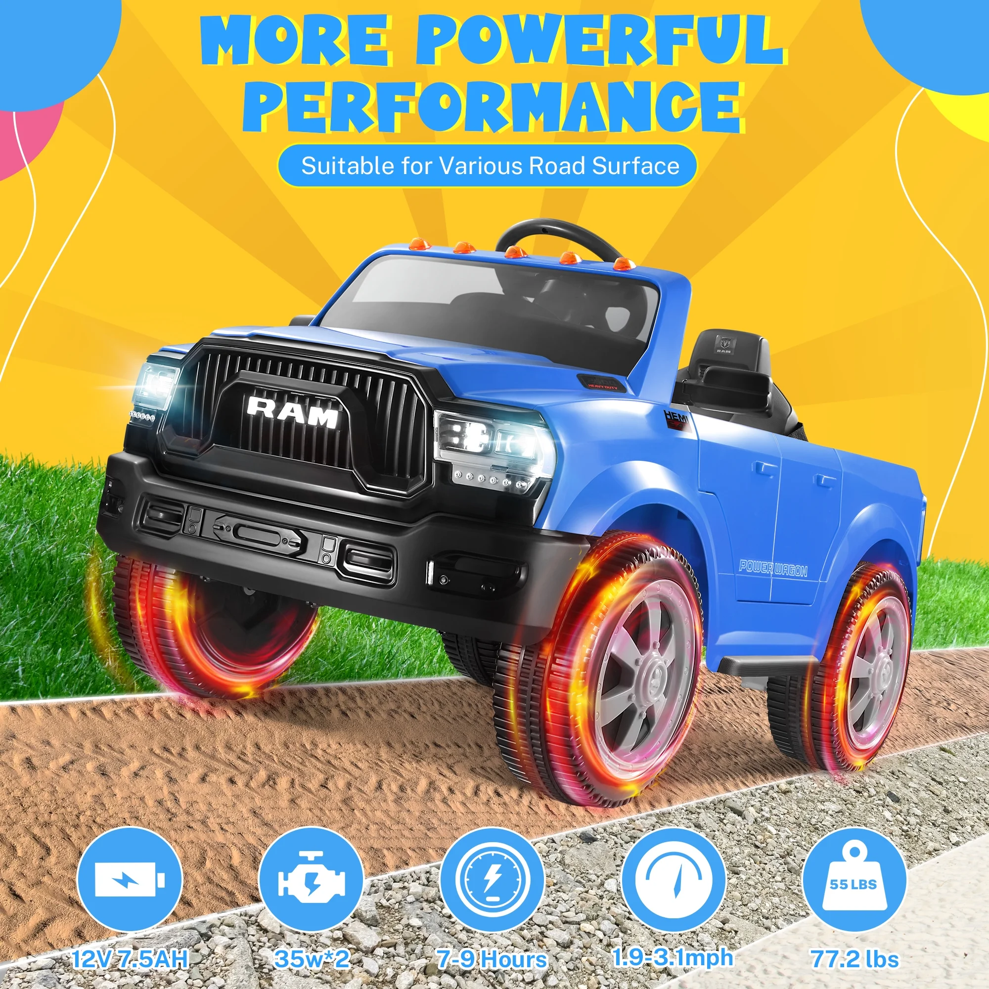 Dodge Ram Ride On Car for Kids, 12V Powered Ride On Truck Cars with Parents Remote Control,Dodge Electric Ride On Car for Boys Girls 3-5, Red - Womvr